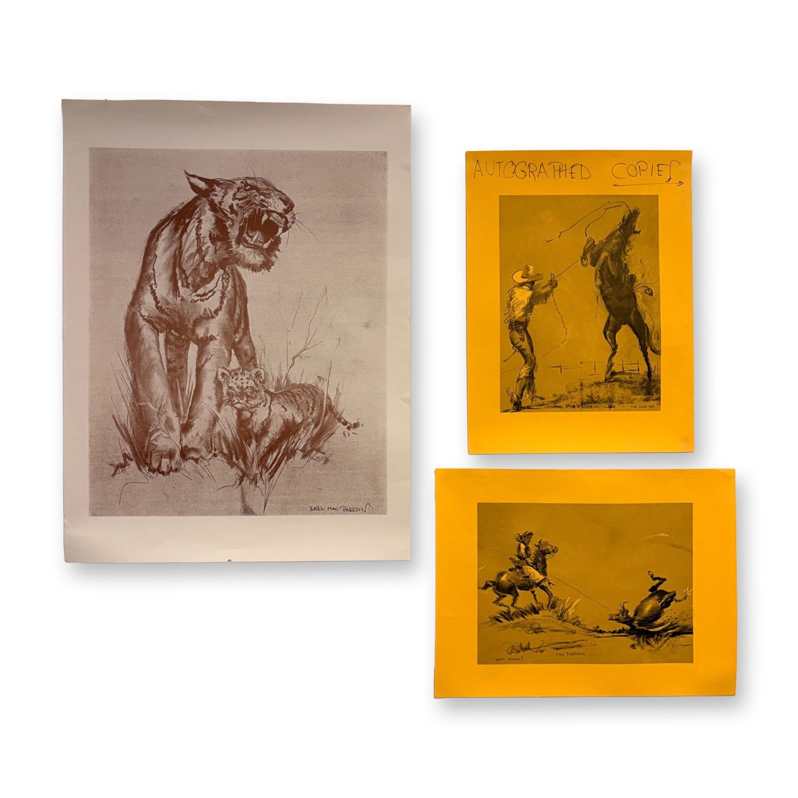 Earl MacPherson Three Piece Art Poster Collection: This collection comprises three art posters by American artist Earl MacPherson. The largest item is a monochromatic lithographic reproduction in sepia tones on cream paper depicting a leopard and cub.