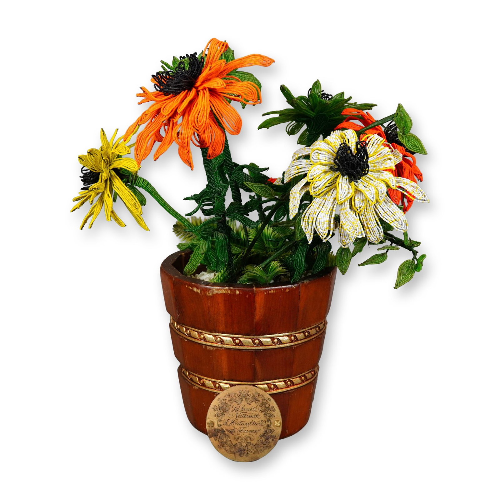Vintage French Wire and Glass Bead Flower Arrangement: Vintage French wire and glass bead flower arrangement featuring coneflowers in shades of yellow, orange, and variegated yellow and white. The flowers are constructed of glass seed beads on wire with b