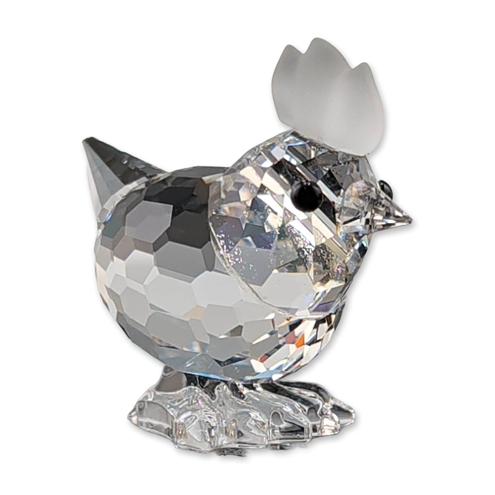 Swarovski Silver Crystal Figurine, Mini Cockerel/Rooster: Swarovski Silver Crystal figurine of a hen. The piece is composed of faceted clear lead crystal with black crystal eyes. The underside features the etched Swarovski swan logo. The piece is additionall