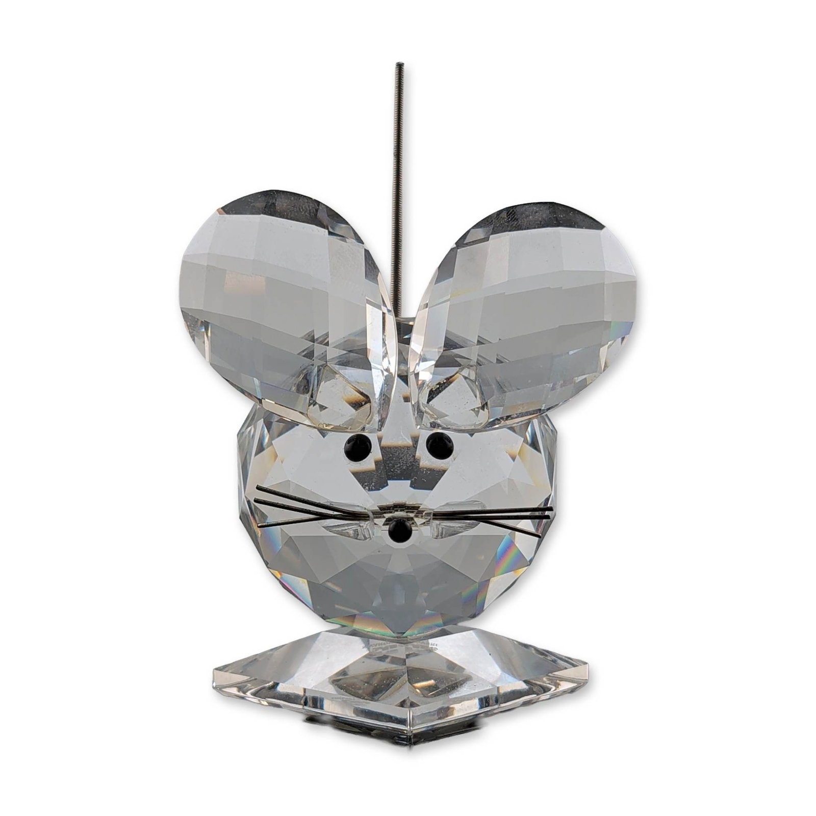 Swarovski Silver Crystal Mouse King Figurine: Swarovski Mouse figurine in faceted lead crystal, featuring a spherical faceted body, two oval faceted ears, a metal tail, and a square crystal base. Detailed with three black bead accents for the eye