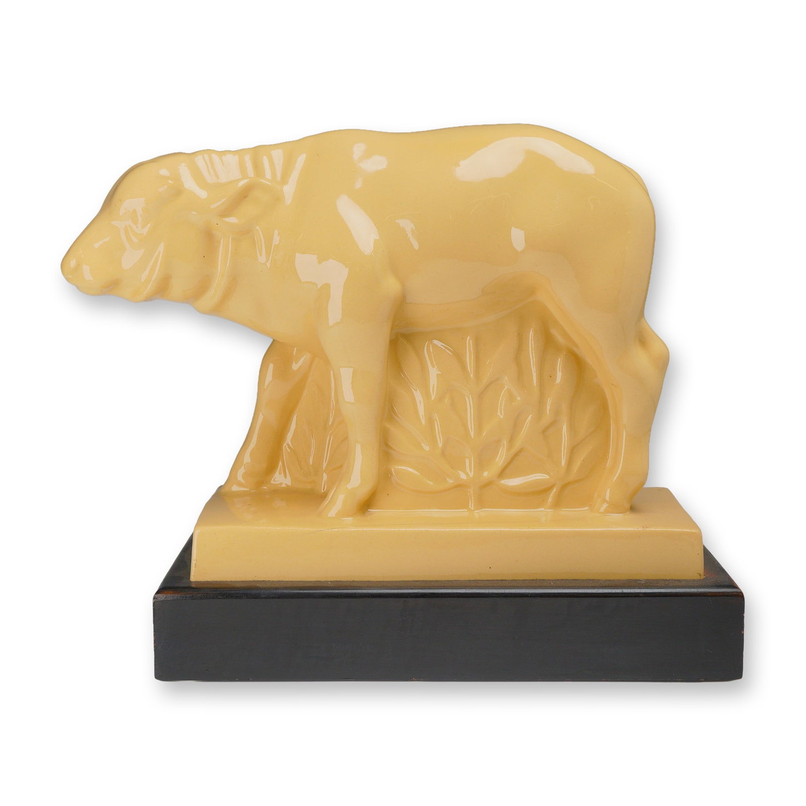 Rare John Skeaping for Wedgwood Straw Glazed Figurine, Buffalo c.1927: This Art Deco ceramic animal figure depicts a bison with its head lowered in a stylized charging or grazing posture, designed by John Skeaping for the British pottery manufacturer Wedgwood. The piece 