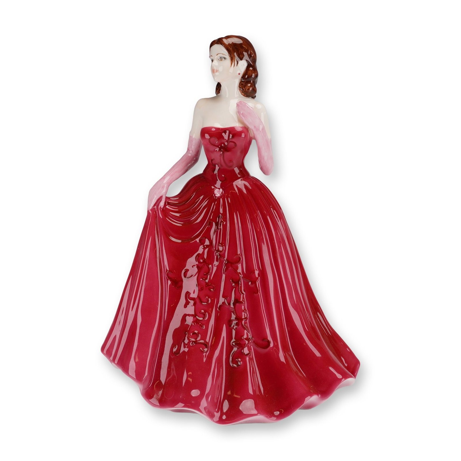 Coalport Collingwood Collection Figurine, Rosemary: This hand-decorated piece was modeled by Jack Glynn and depicts a female figure in a formal strapless gown of deep magenta-red color featuring floral relief accents and opera-length pink gloves. The u