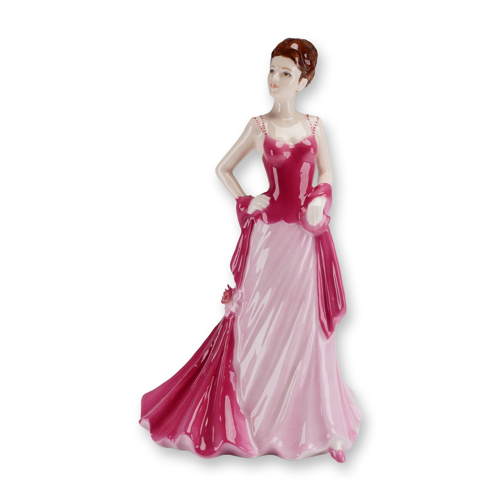 Coalport Ladies of Fashion Bone China Figurine Elizabeth: A Coalport bone china figurine titled Elizabeth from the Ladies of Fashion series. This piece was modeled by Jack Glynn and is hand-decorated with a glossy glaze. The figure is depicted in a standing 