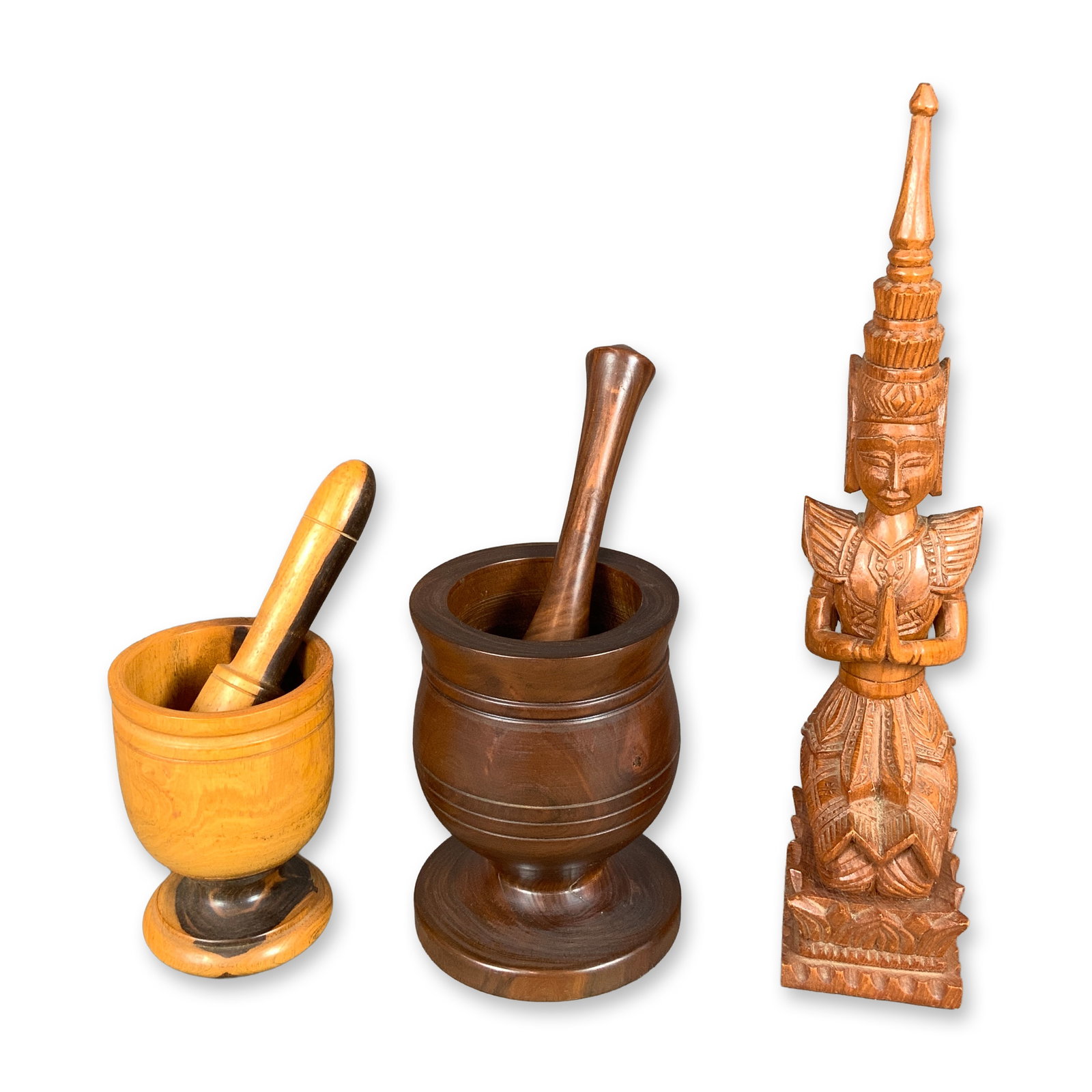 5pc Wood Items, Thai Sculpture and Mortars with Pestles (1 of 3)