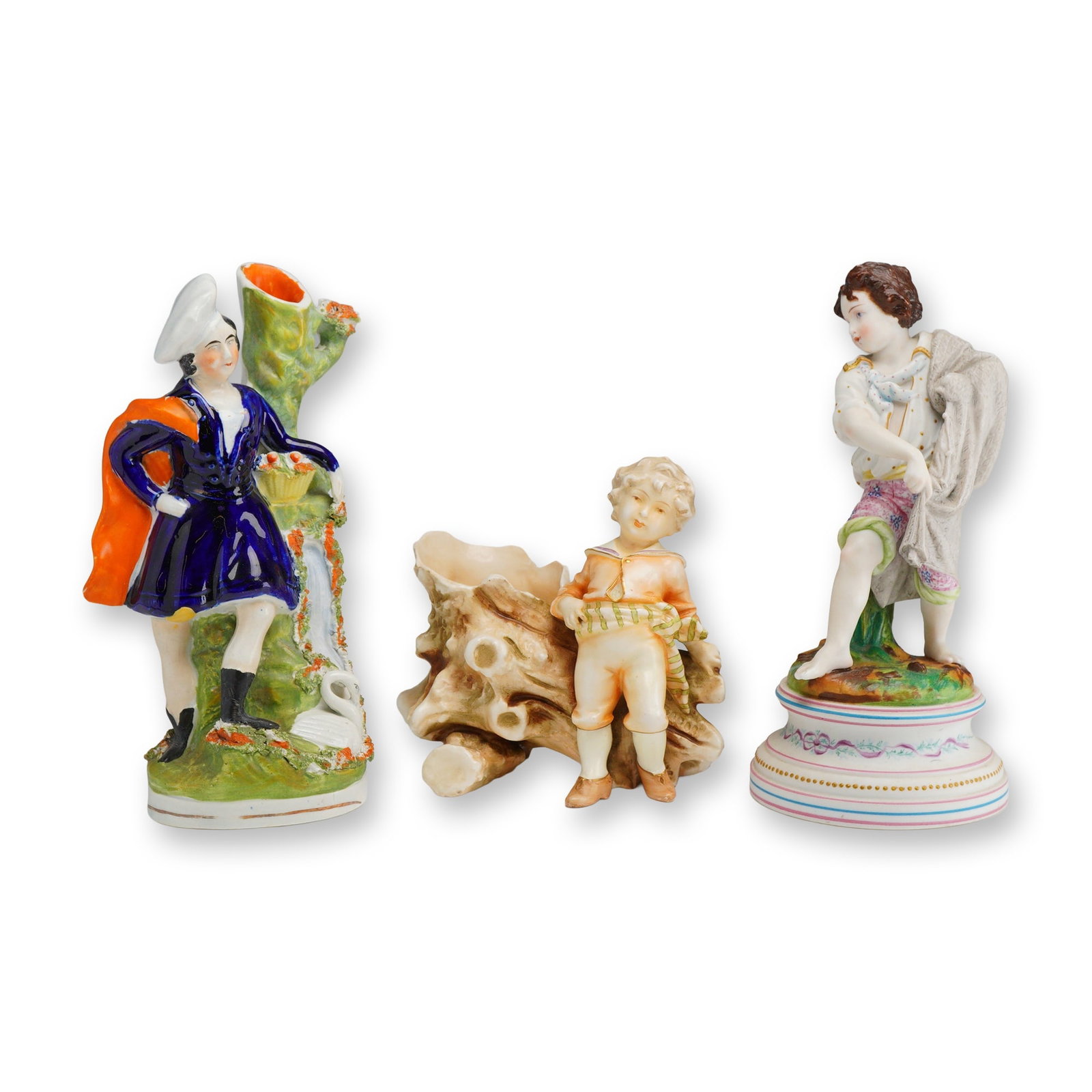 3pc Victorian and Continental Ceramic Figurine, Spill Vase and Planter: This collection features three European ceramic figures dating from the 19th to the early 20th centuries, showcasing a variety of regional styles and materials. The first piece is an English