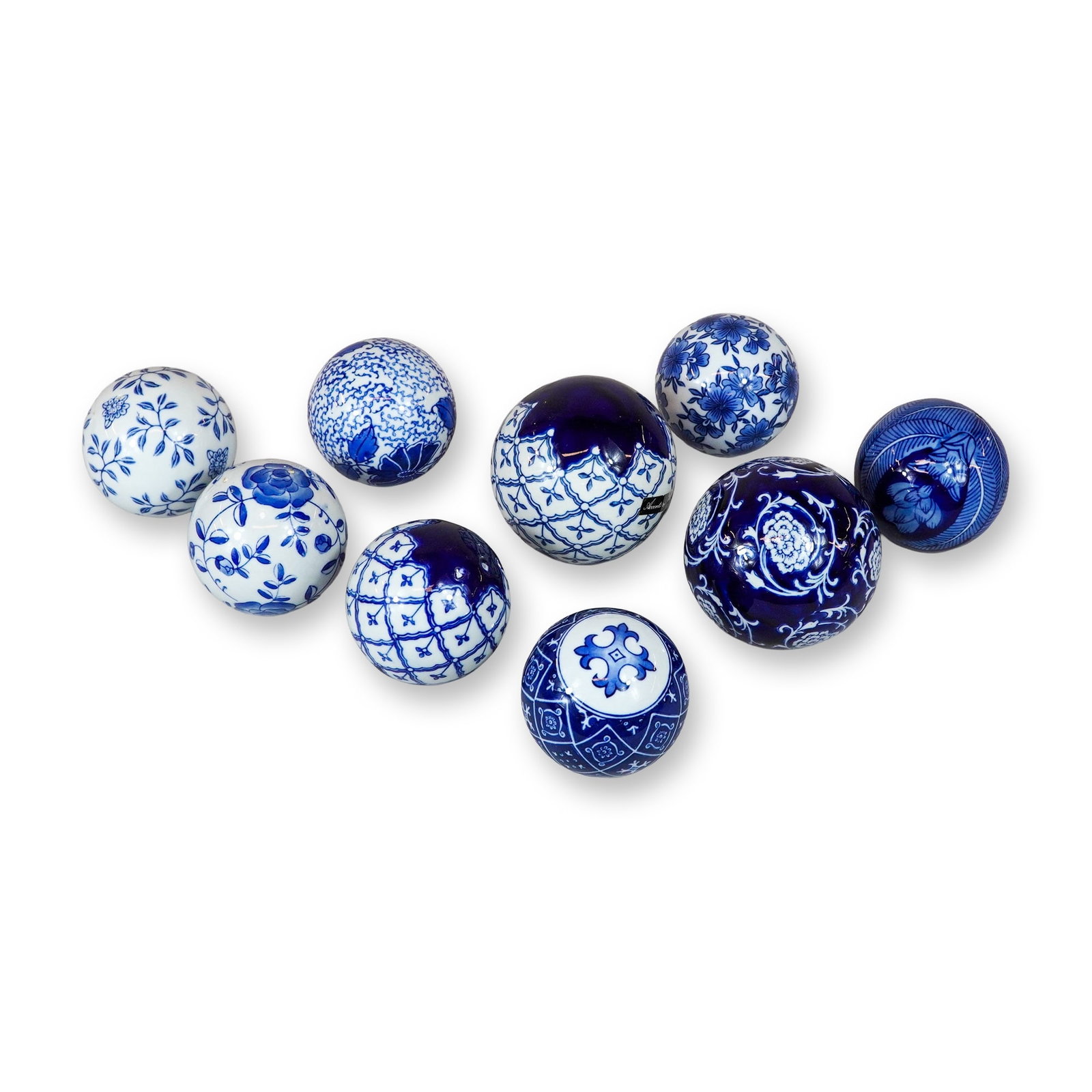 9pc Accents by Jay Decorative Blue and White Ceramic Spheres: A set of 9 decorative ceramic spheres, commonly known as carpet balls or orbs, produced by Accents by Jay. Each sphere is crafted from glazed ceramic and features various Chinoiserie-inspired