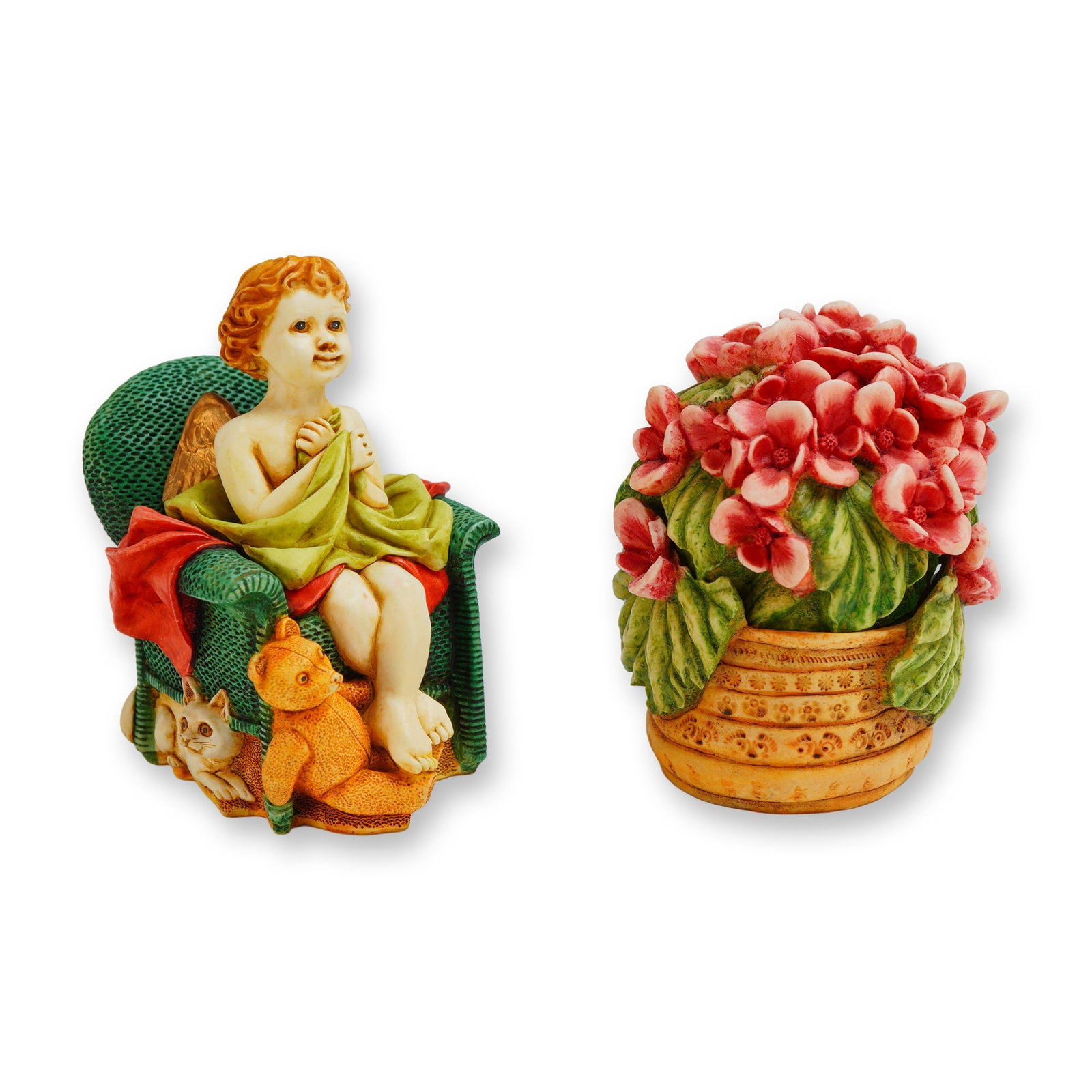 2pc Harmony Kingdom Box Figurines, Begonia & Joyeaux: A collection of two Harmony Kingdom molded resin trinket boxes from the Treasure Jest and Harmony Garden series. The first piece, titled Joyeaux from the Angetique series , features a seated cherubic