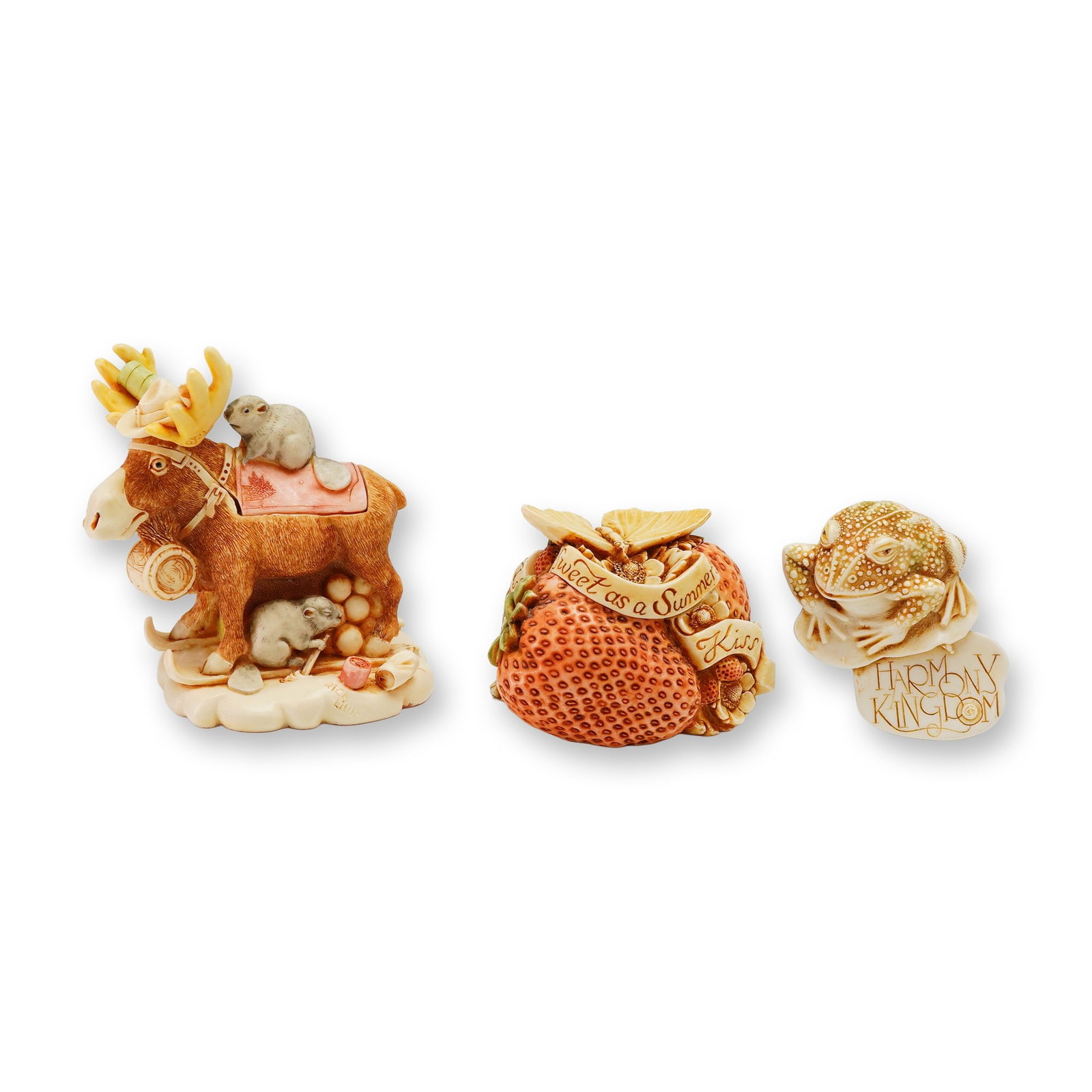 3pc Harmony Kingdom Collectible Boxes and Toad Pin: Collectibles crafted from crushed marble resin in the signature netsuke-inspired style. The collection features the Beer Nuts treasure box, a limited-edition piece dated 2001 and designed by Monique B