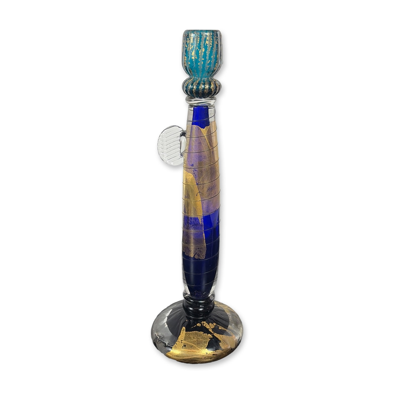 David Garcia Glass Candleholder Pilchuck Artist: Studio art glass sculptural scepter or decorative object by David Garcia. Hand-blown cobalt blue and teal glass featuring gold foil inclusions, a ribbed candle cup, a tapered stem with a clear glass