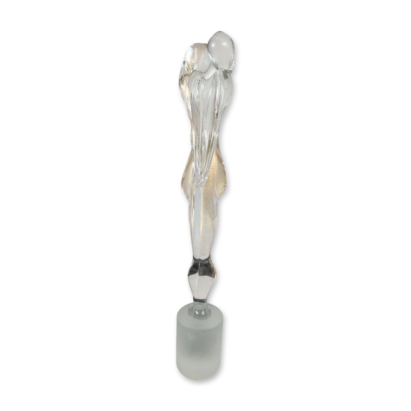 Murano Style Art Glass Lovers Sculpture: Murano style art glass sculpture depicting two stylized, elongated human figures in a close embrace. Hand-formed from heavy clear glass, the work features internal gold foil inclusions throughout the