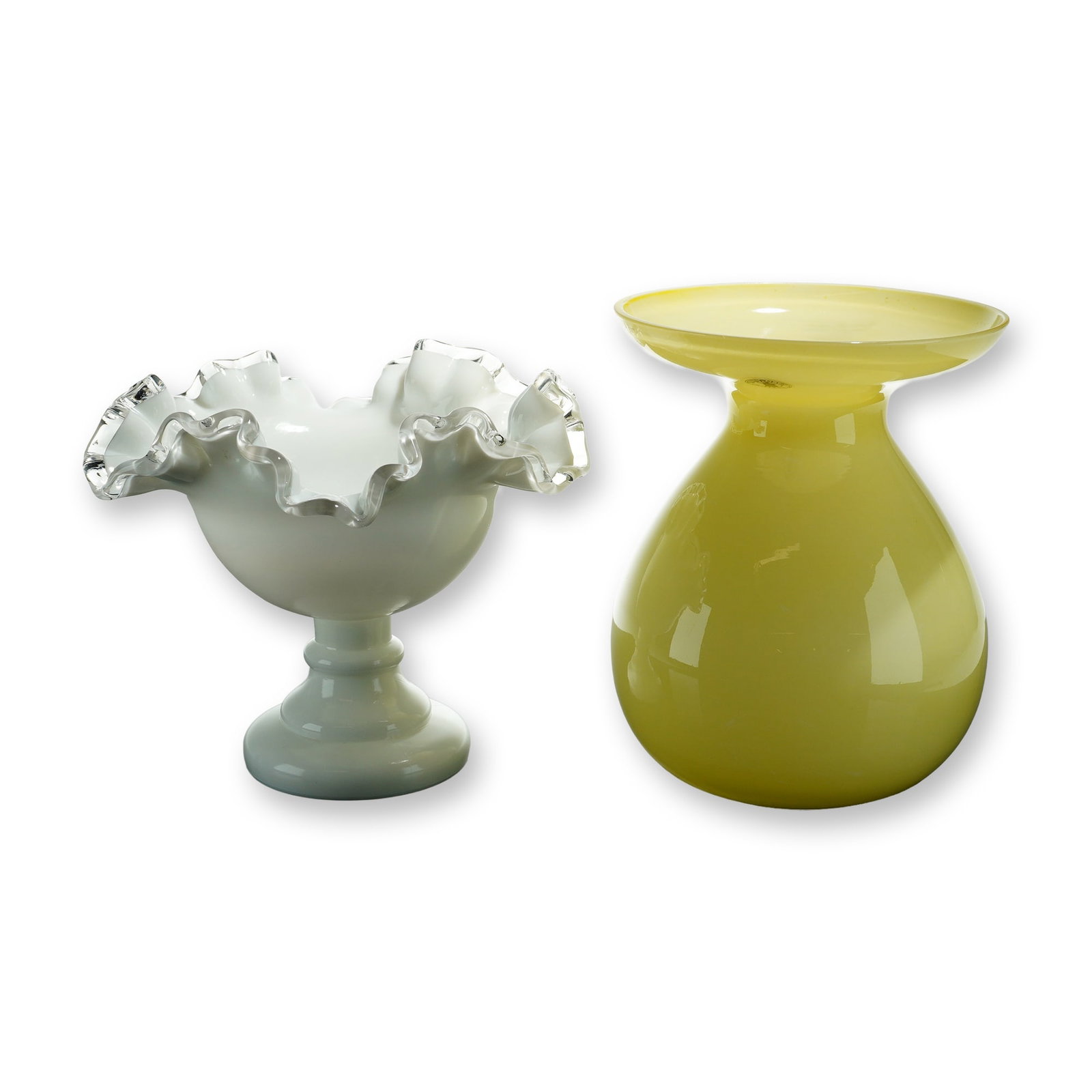 2pc IKEA PS and Fenton Style Glass Vases: Decorative glass collection comprising an IKEA PS series art glass vase designed by Barbro Wesslander and Pia Amsell. The vase is crafted in opaque chartreuse yellow glass with a bulbous pear-shaped