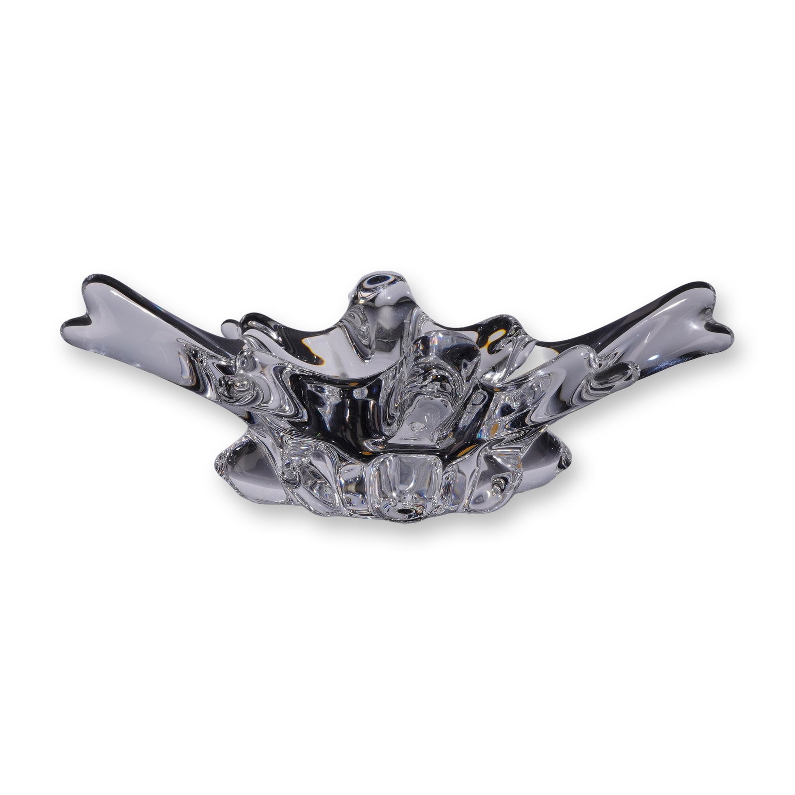 Sculpted Crystal Splash Design Centerpiece Bowl: Mid-century modern crystal splash bowl, hand-formed in a dynamic starburst configuration. The heavy, colorless glass features thick organic protrusions radiating from a central well, designed to