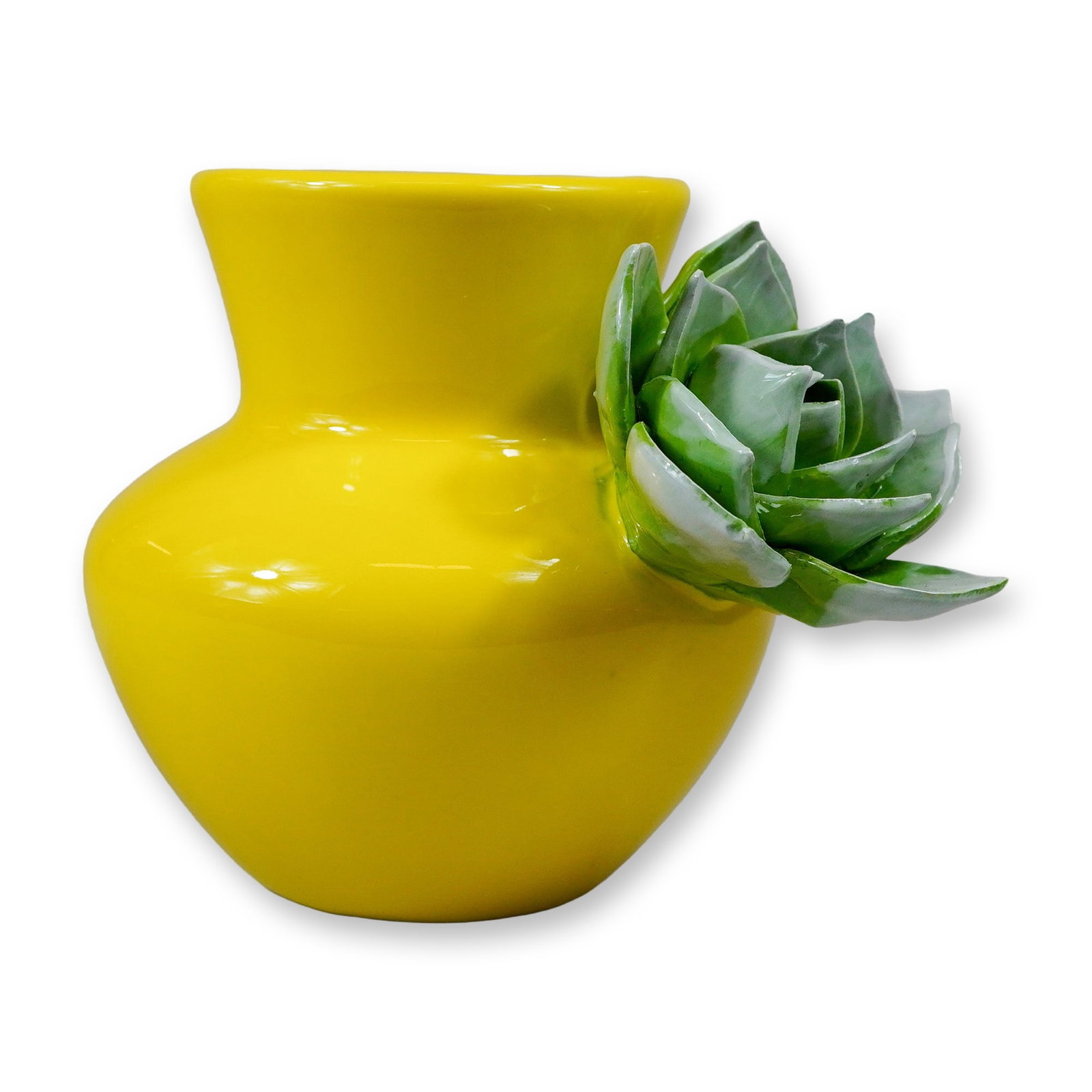 Anthropologie Sculpted Succulent Stoneware Vase: This contemporary stoneware decorative vase is manufactured for Anthropologie and features a vibrant, high-gloss yellow glaze. The form consists of a bulbous, rounded body that tapers to a narrow neck