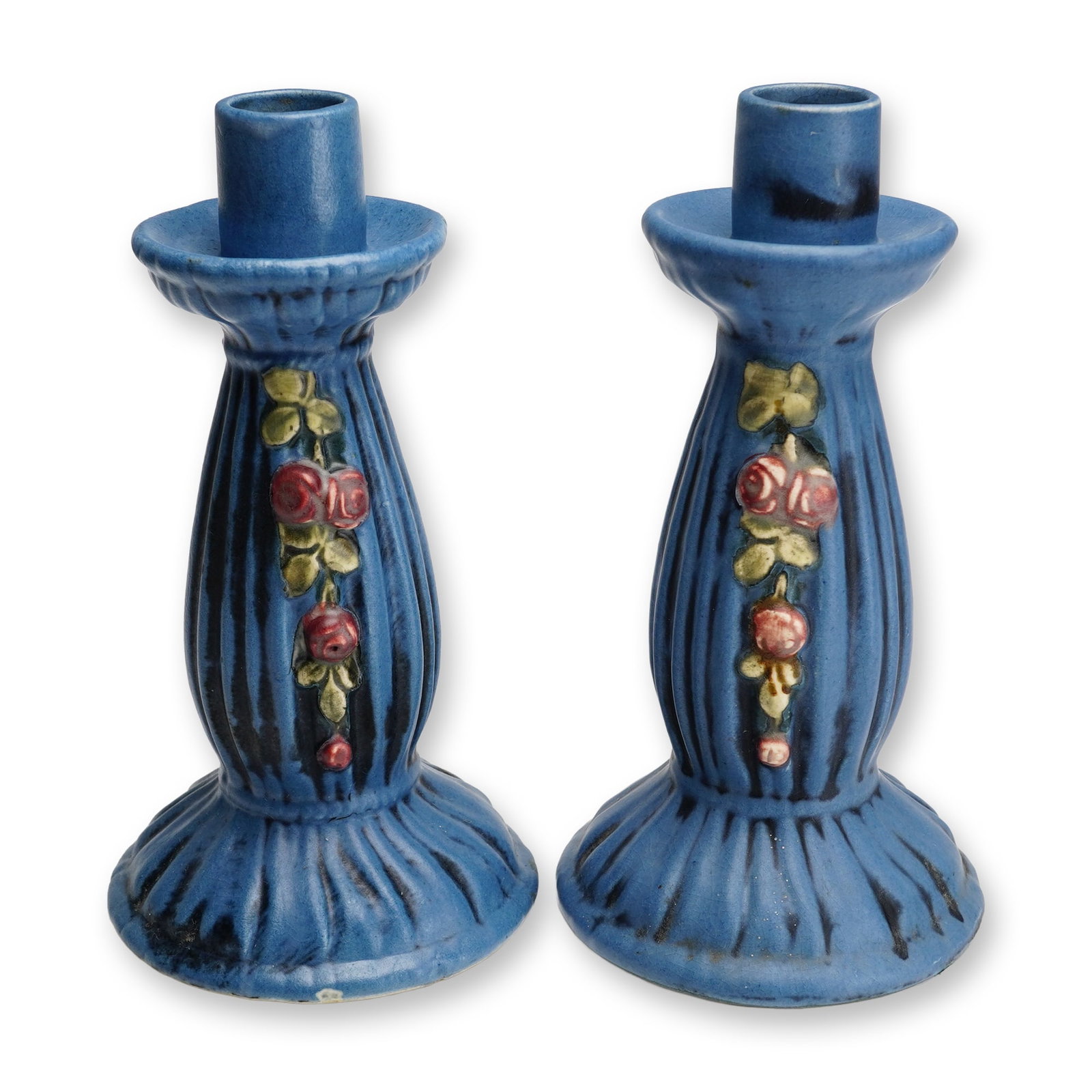 Pair of Weller Pottery Candle Holders, Blue Drapery (1 of 3)