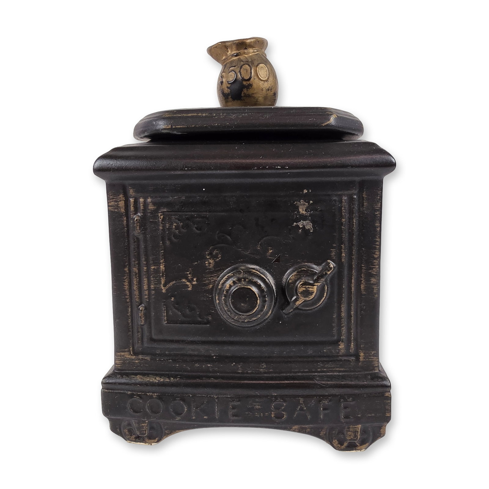 McCoy Ceramic Cookie Safe Jar: Cookie jar in black ceramic, designed in the form of a safe with a gold-toned money bag lid finial marked 500 and raised side lettering. Incised U.S.A. mark on the base. Dimensions: 10.5"H Manufacture