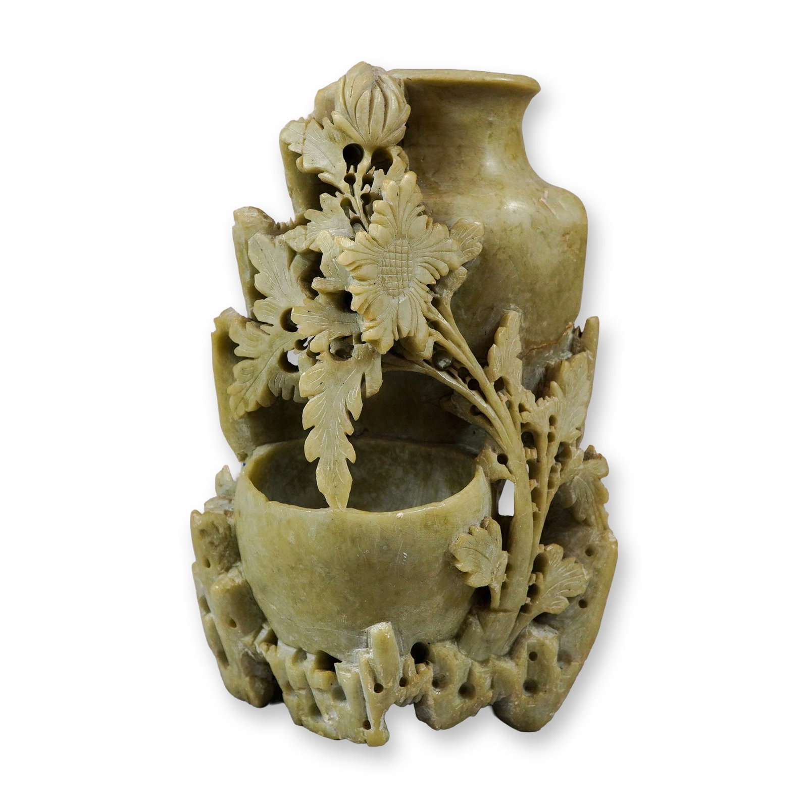 Chinese Hand Carved Soapstone Vase Featuring Floral Foliage Motif: This Chinese hand carved soapstone vase featuring floral foliage motifs is a double vessel carved from a single block of mottled light-green to tan soapstone (steatite). The composition includes a