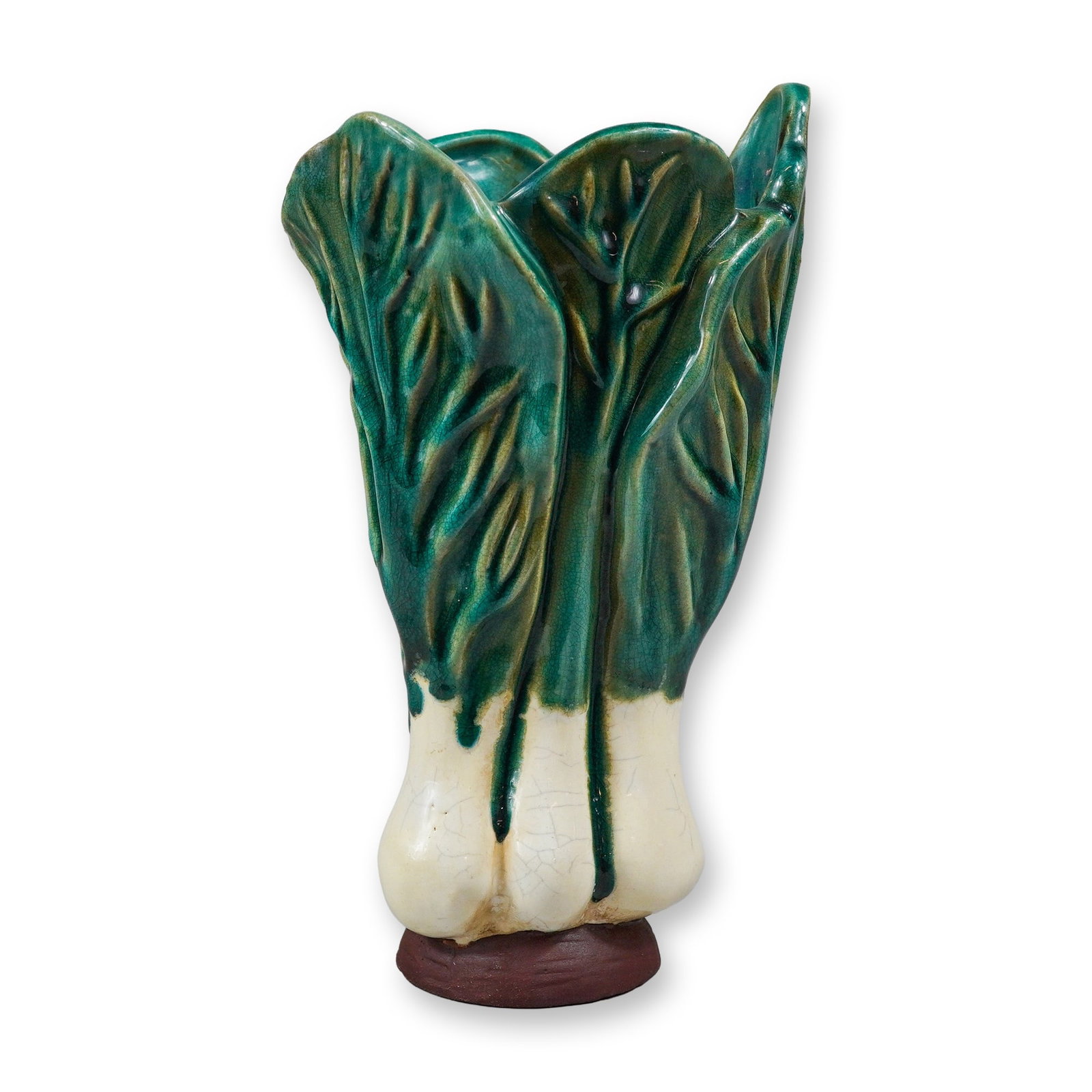 Glazed Terra Cotta Bok Choy Figural Vase: This vintage art pottery vase is realistically modeled in the form of a head of bok choy, or Chinese cabbage. The piece is constructed from terra cotta ceramic and features a flared, open top formed