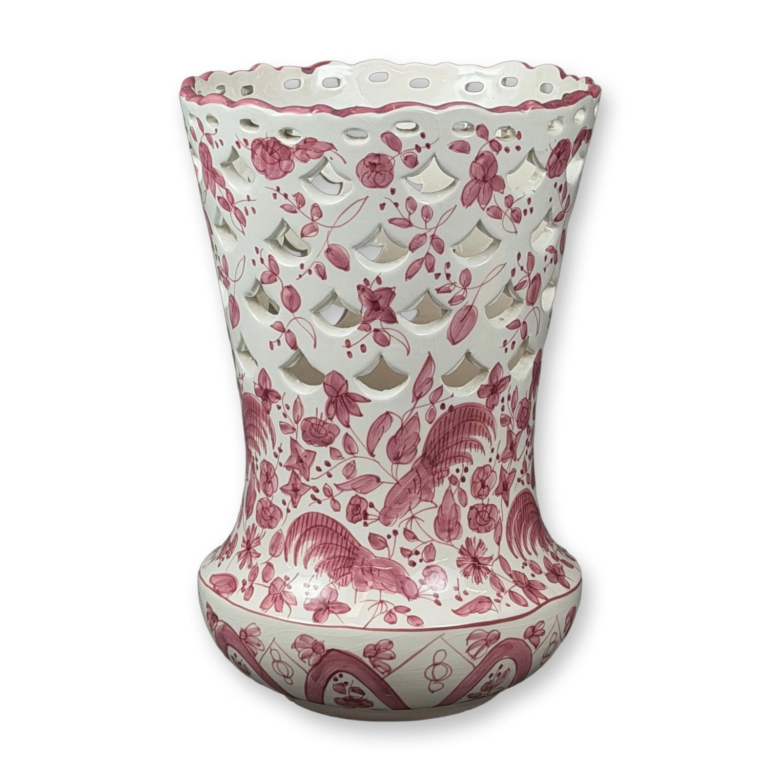 Large Spanish Hand Painted Reticulated Ceramic Vase with Rooster Decoration: A large ceramic vase featuring a flared, waisted form with a bulbous base and a scalloped rim. The vessel is characterized by a reticulated top half featuring a scalloped lattice pattern. The
