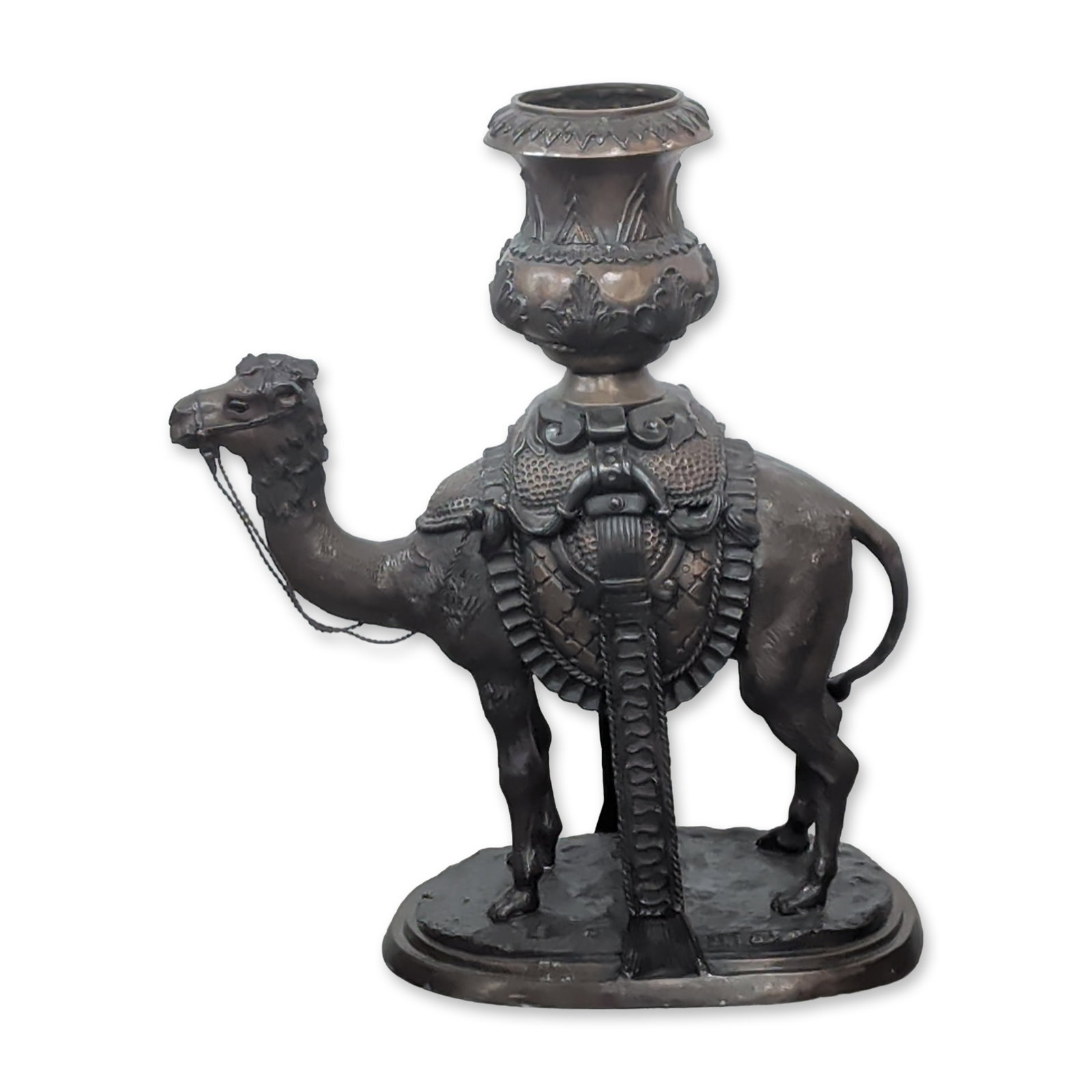 Orientalist Style Patinated Brass Camel Planter: Orientalist style planter in patinated brass featuring a standing dromedary camel supporting a flared vase on its back. The animal is modeled with detailed tack, including a textured saddle blanket