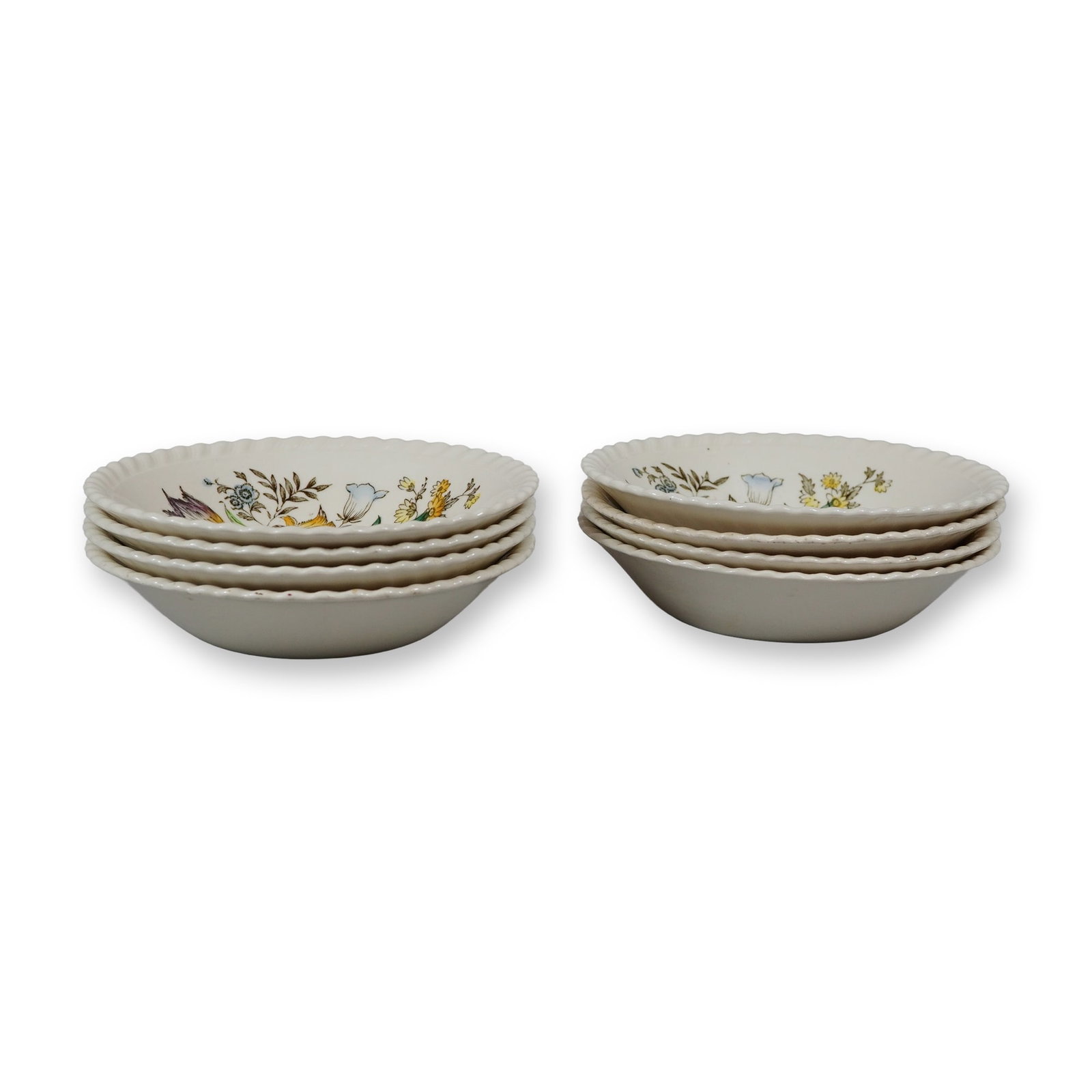 8pc Johnson Brothers Windsor Ware Garden Bouquet Pattern Earthenware Bowls: This set of eight earthenware bowls is produced by Johnson Brothers of England as part of the Windsor Ware line in the Garden Bouquet pattern. Each bowl features a centered polychrome floral