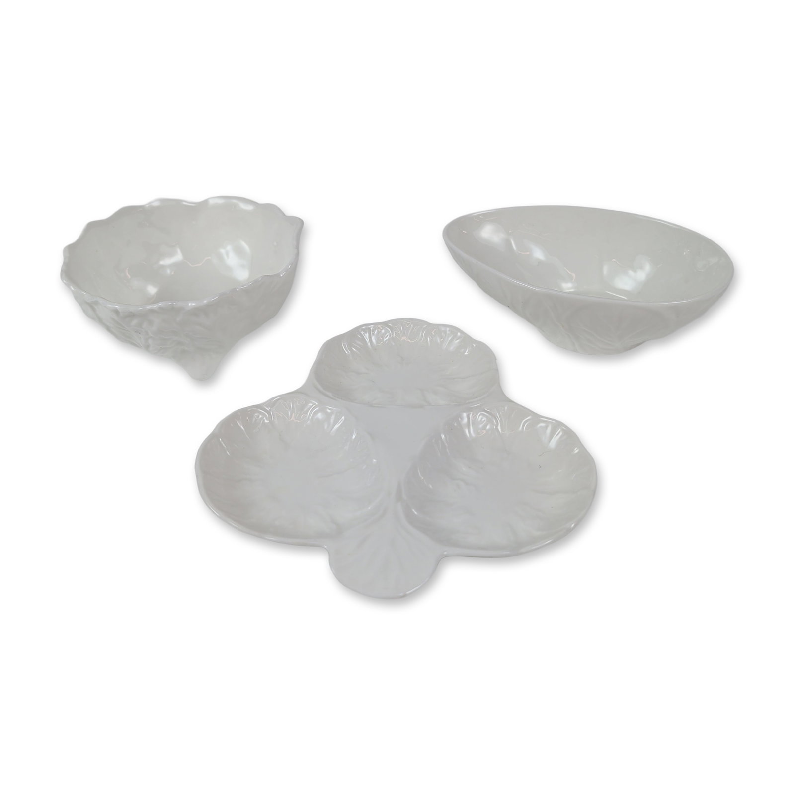 Three Coalport Countryware Bone China Dishes: Featuring relief-molded cabbage leaf textures under a monochrome white glaze. The collection consists of one trefoil-shaped condiment dish and two small individual bowls. The base of the trefoil dish