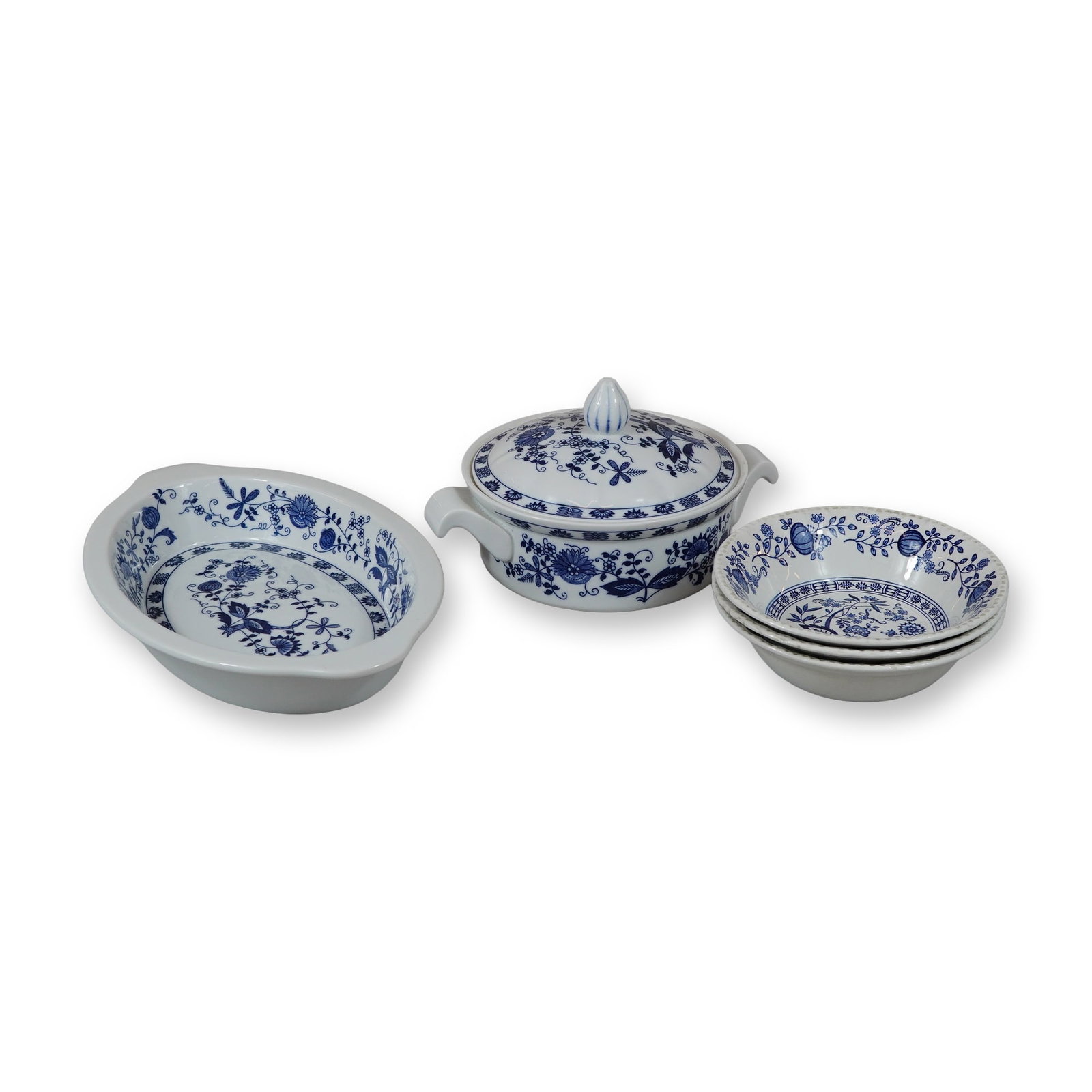 5pc Seymour Mann Vienna Woods and Blue Heritage Ceramic Tableware: This lot features a collection of five ceramic serving pieces decorated with a classic blue and white floral pattern. The grouping includes two items of Seymour Mann Vienna Woods Fine China: one open