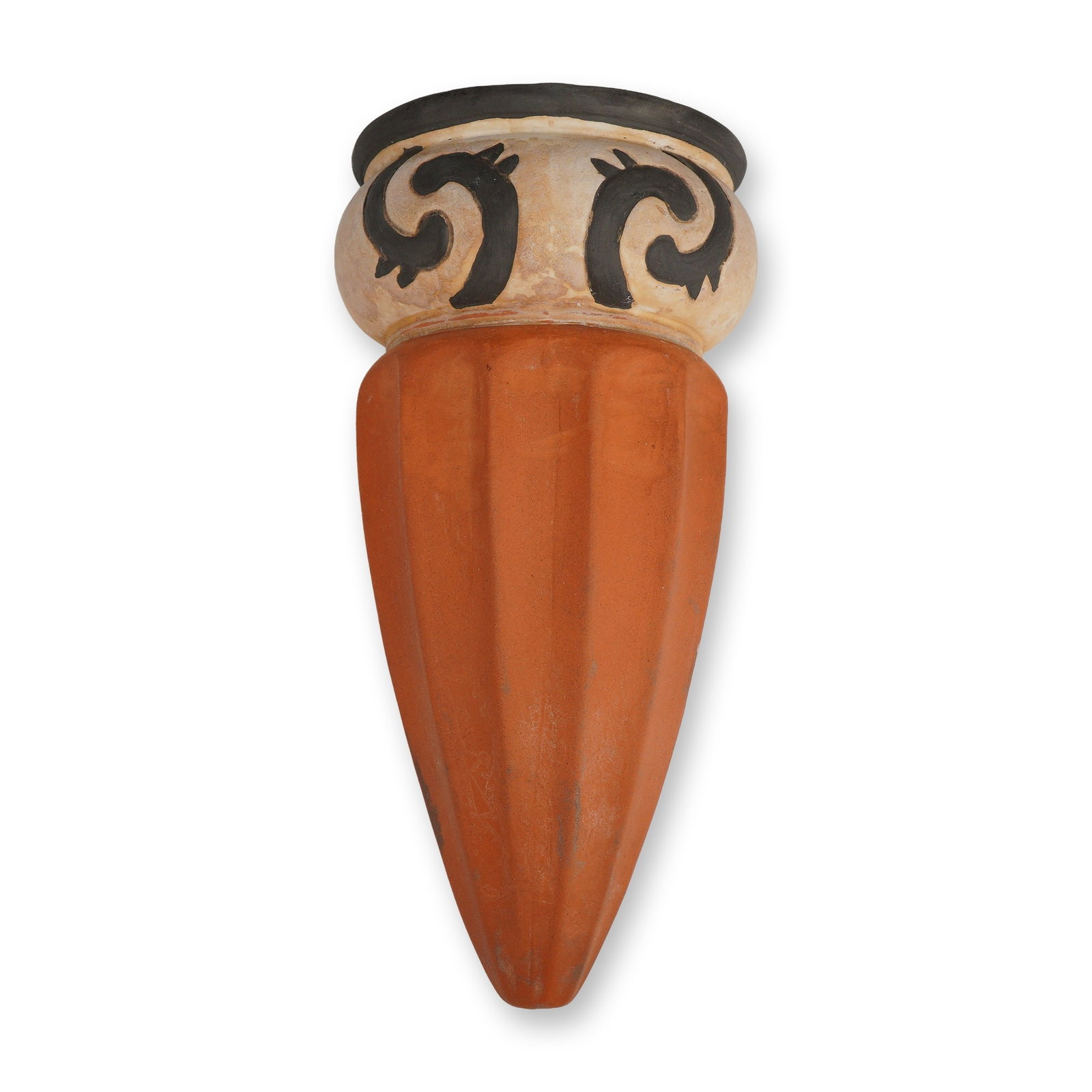 South American Style Ceramic Wall Pocket: This ceramic wall pocket is made from reddish-orange clay and has a tapered, spade-like shape. It is designed to hang flat against a wall using a single round hole. The top rounded section features a
