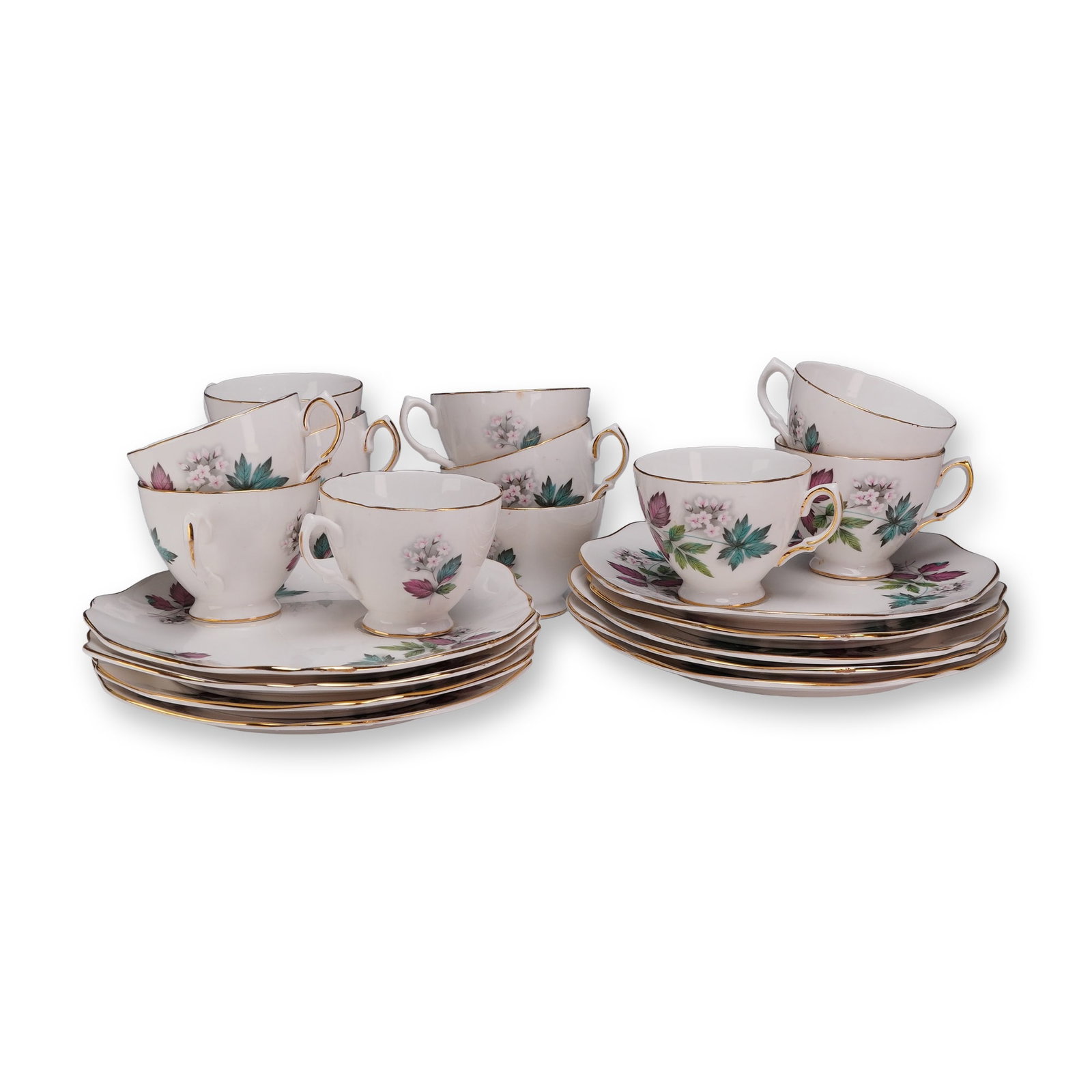 21-Piece Royal Vale Bone China Snack Set, Plates and Cups: Royal Vale English bone china snack set in Pattern 7974, comprising nine asymmetrical scalloped snack plates 9" and twelve matching footed teacups. Each piece is decorated with a transfer-printed bota
