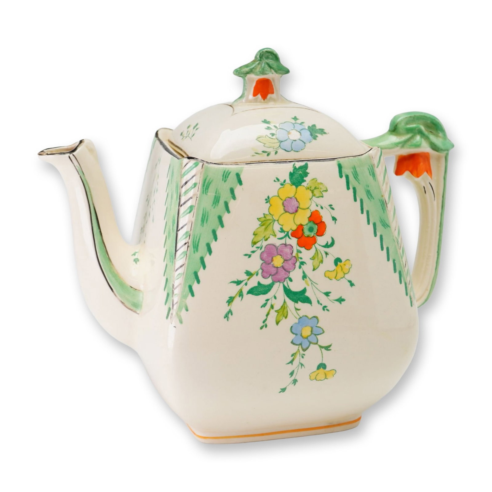 Burleigh Ware Art Deco Maytime Pattern Teapot in Imperial Shape: A Burleigh Ware earthenware teapot featuring the Maytime pattern and the Imperial shape. Manufactured by Burgess and Leigh in Burslem, England, this piece exhibits a tapered square-section body with a