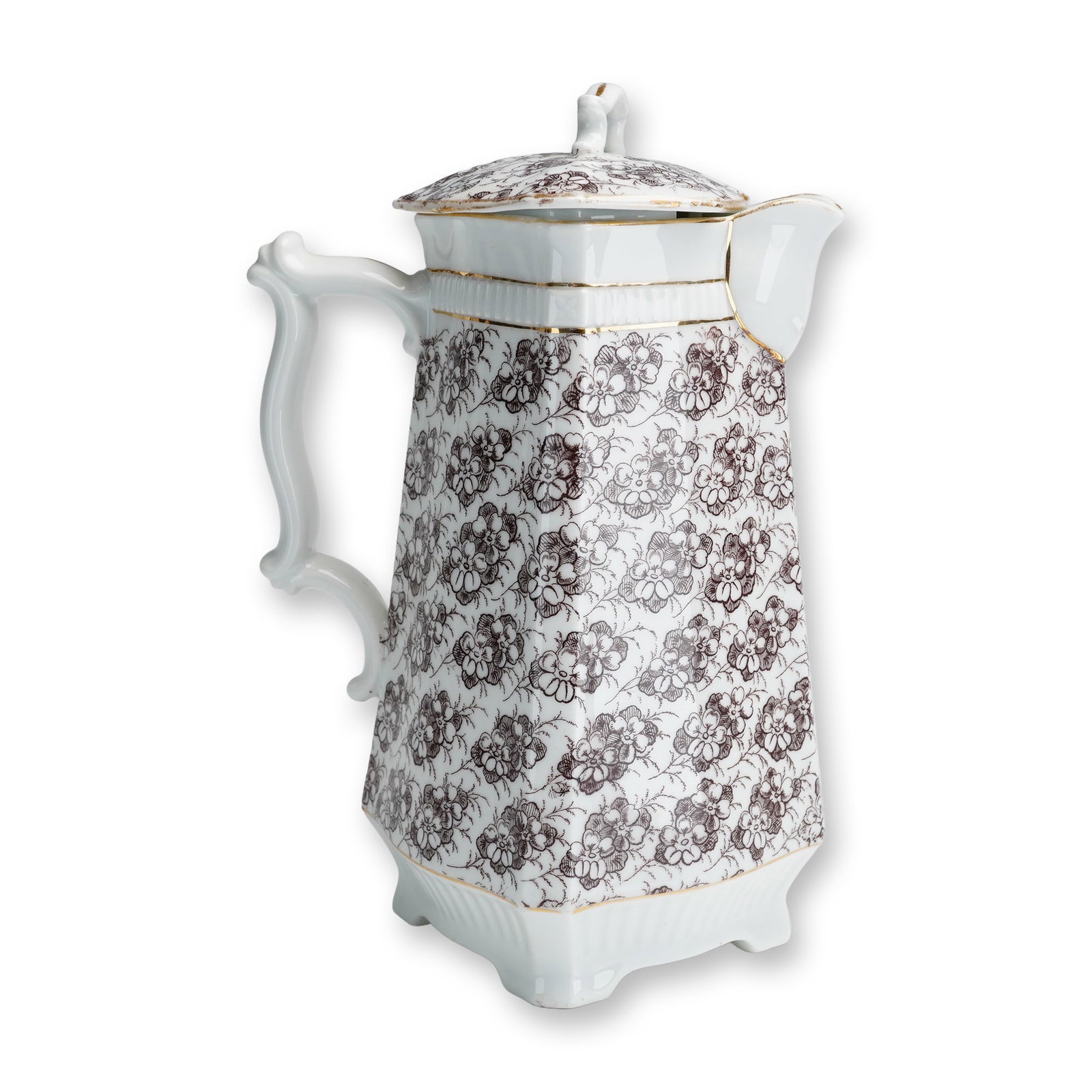 Floral Pattern Ceramic Teapot: This teapot features a white, square-form body decorated throughout with a brown floral pattern that extends across both the body and the fitted lid. The rim is accented with gilded borders, between w