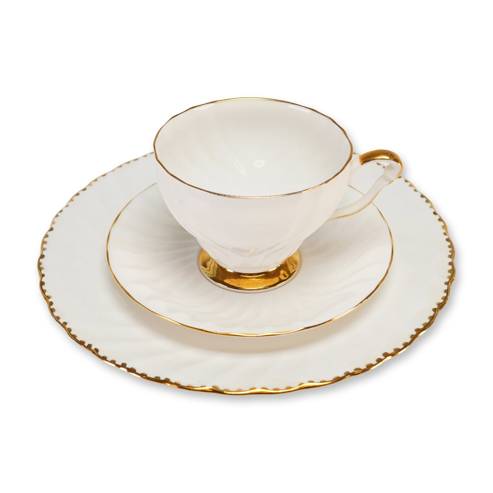 Vintage Queen Anne and Gladstone Bone China Tea Trio Set of 3 with Gold Accents: This three-piece set consists of a teacup, saucer, and side plate manufactured in England from fine bone china. The pieces feature a matching design characterized by a white ground with molded swirl f