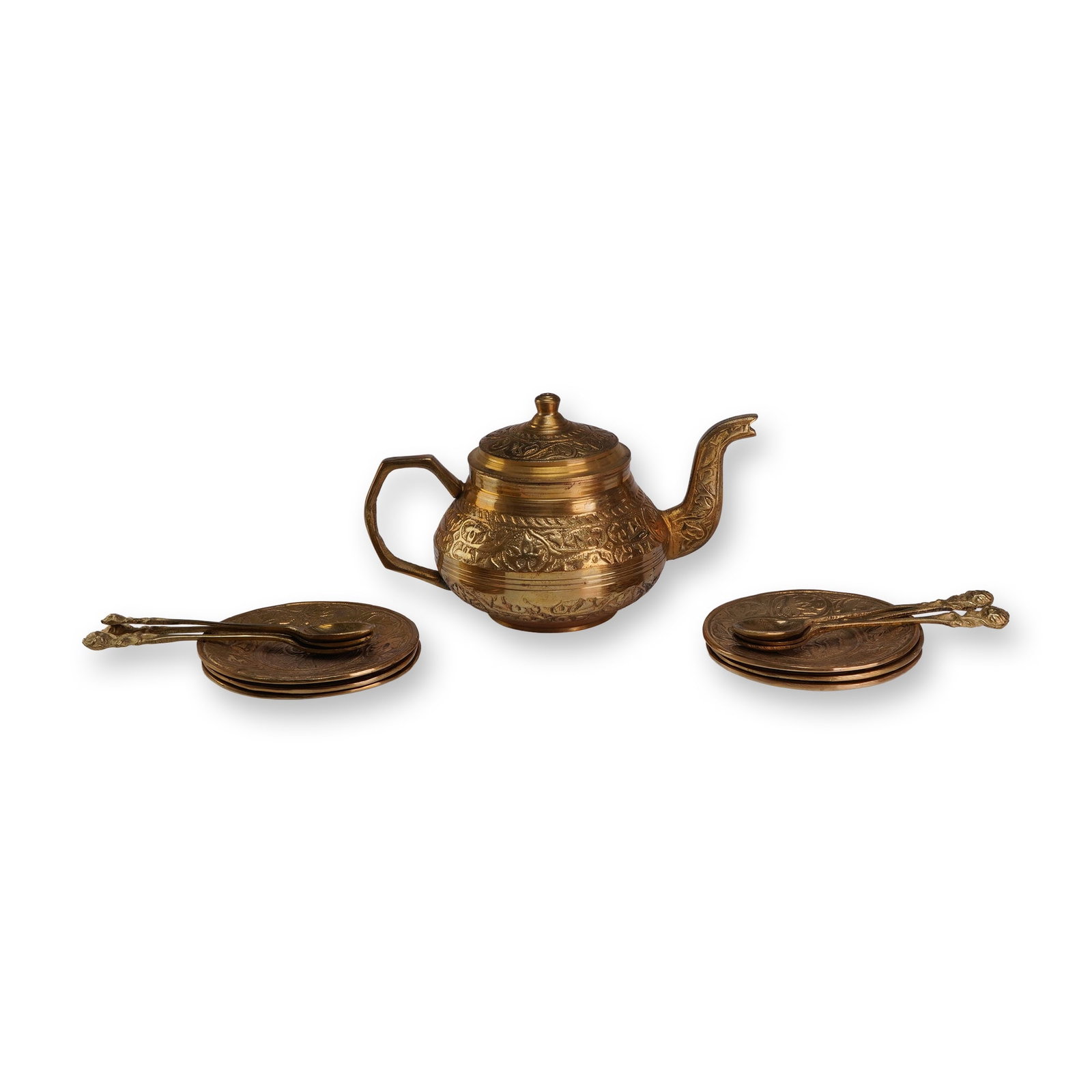 13pc Set of Embossed Brass Tea Service Items (1 of 3)
