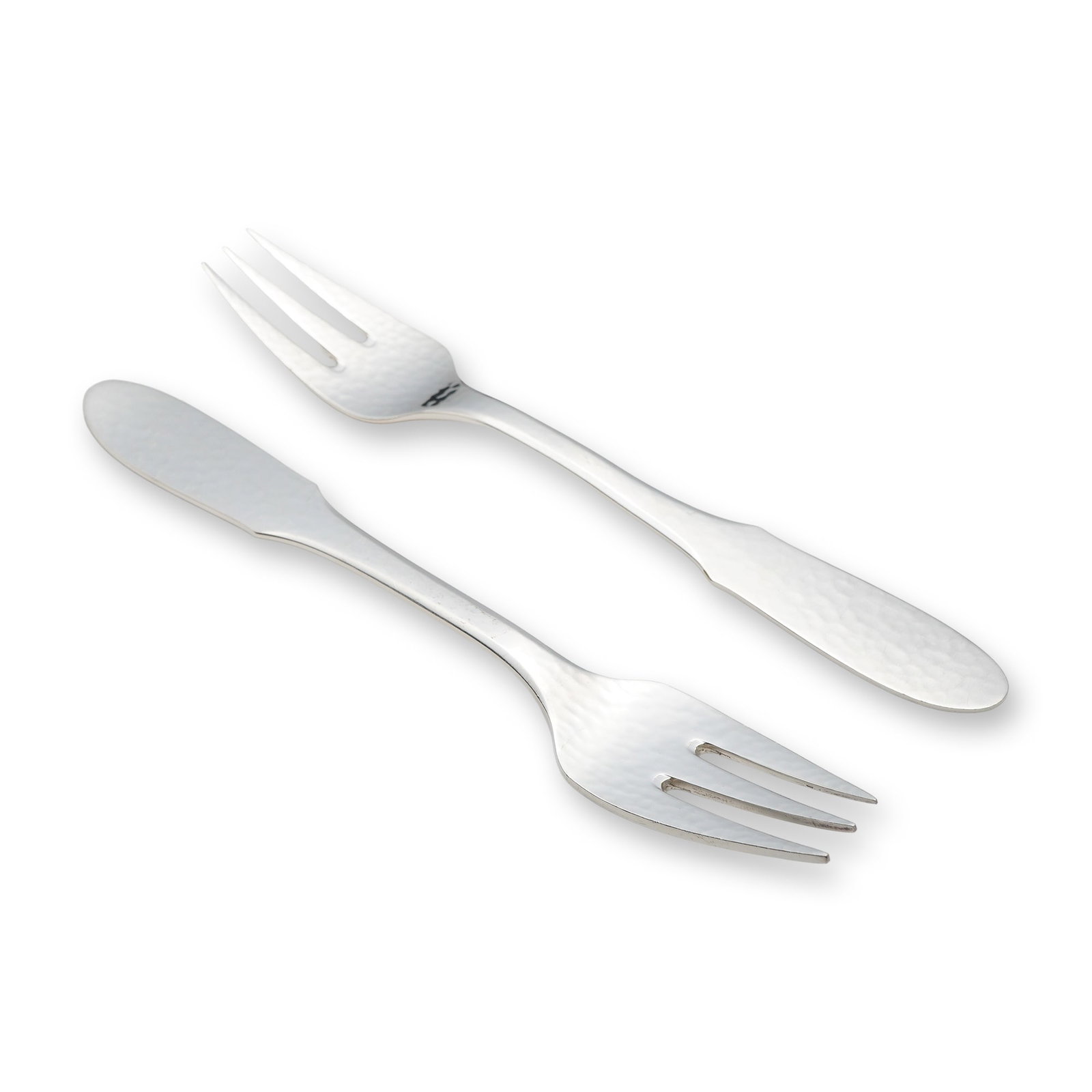 A Pair of Georg Jensen Denmark EPNS Mermaid Pattern Hammered Fish Forks: This pair of fish forks is manufactured by Georg Jensen of Denmark in the Mermaid pattern. The items are constructed from electroplated nickel silver, as indicated by the EPNS designation. The design 