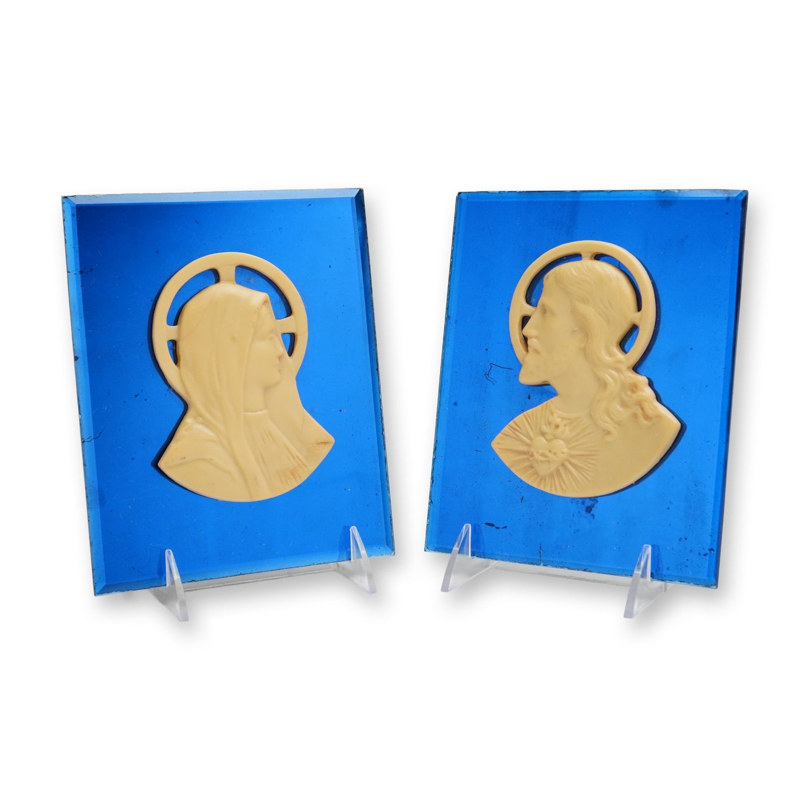 Pair of Art Deco Jesus and Mary Blue Mirror Plaques (1 of 3)
