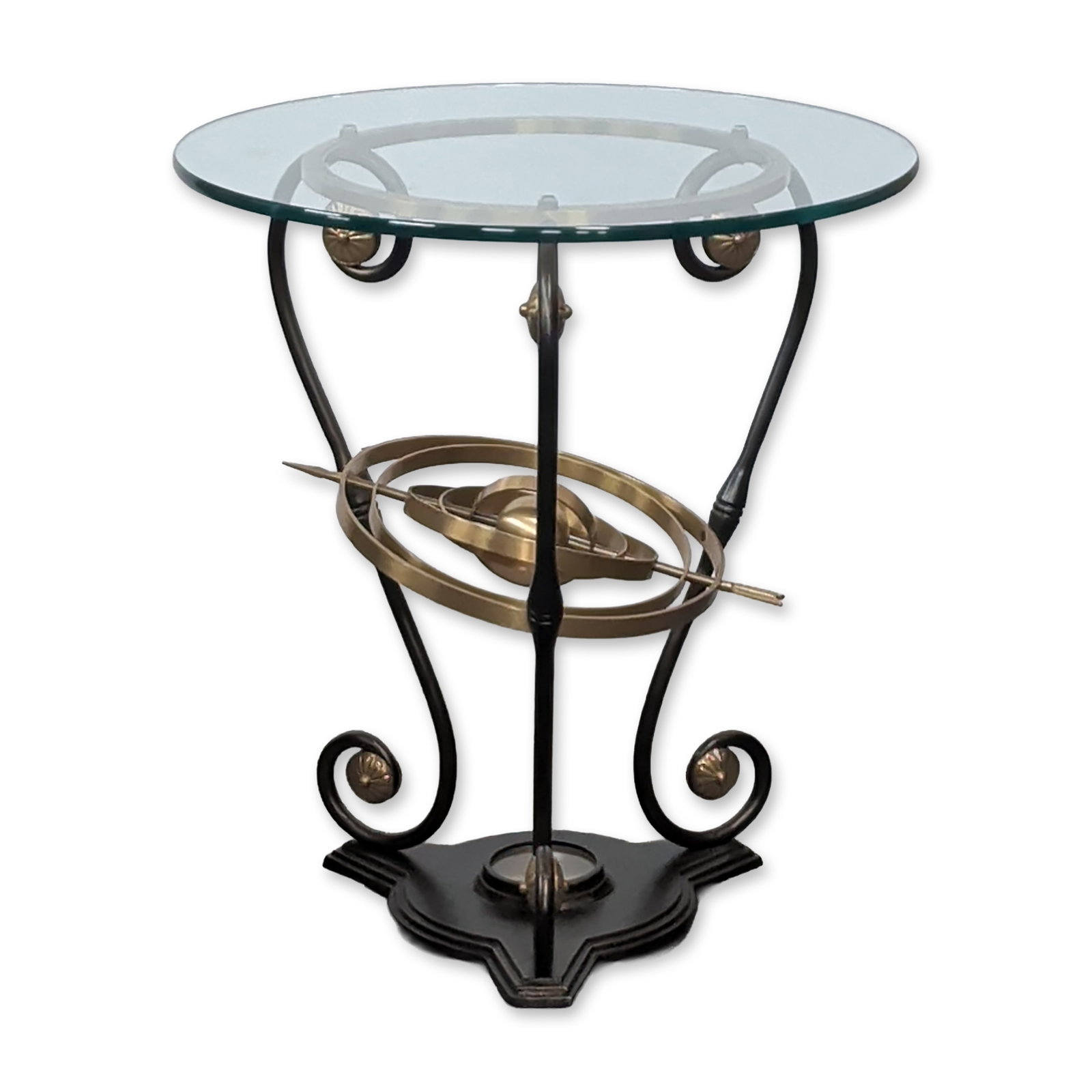 Maitland-Smith Style Armillary Accent Table: Maitland-Smith style accent table featuring an integrated armillary sphere and functional compass. The circular clear glass top is supported by a black-finished cast metal frame with three scrolled le