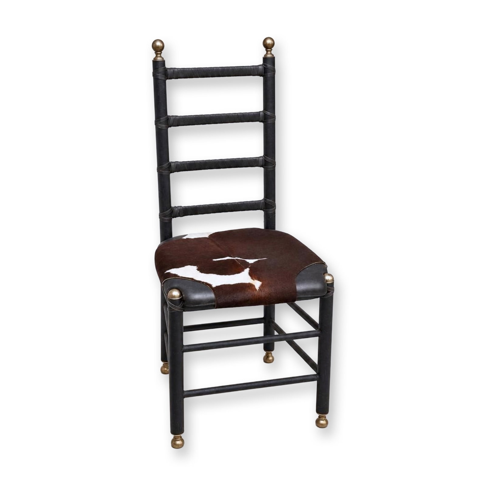 Modernist Leather Wrapped and Cowhide Side Chair: Late 20th-century modernist high-back leather wrapped and cowhide side chair. The frame is constructed of metal with a textured matte black finish, featuring a ladder-back design with four horizontal 