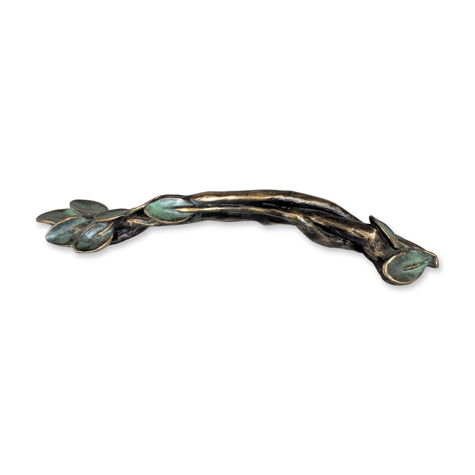 Artisan AK Bronze Botanical Branch Door Pull: Artisan naturalist style door pull in cast bronze, designed in a gnarled branch form with integrated leaf motifs. The piece is finished with a dark rubbed bronze surface and green verdigris patina on 