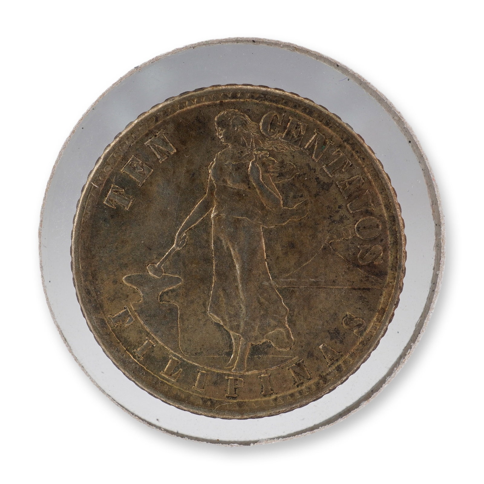 1919-S US/Philippines 10 Centavos Coin: Minted at the San Francisco Mint, indicated by the S mint mark. Design Type: Standing Liberty / Eagle Shield. This coin was issued under the United States Administration of the Philippines. Coin is