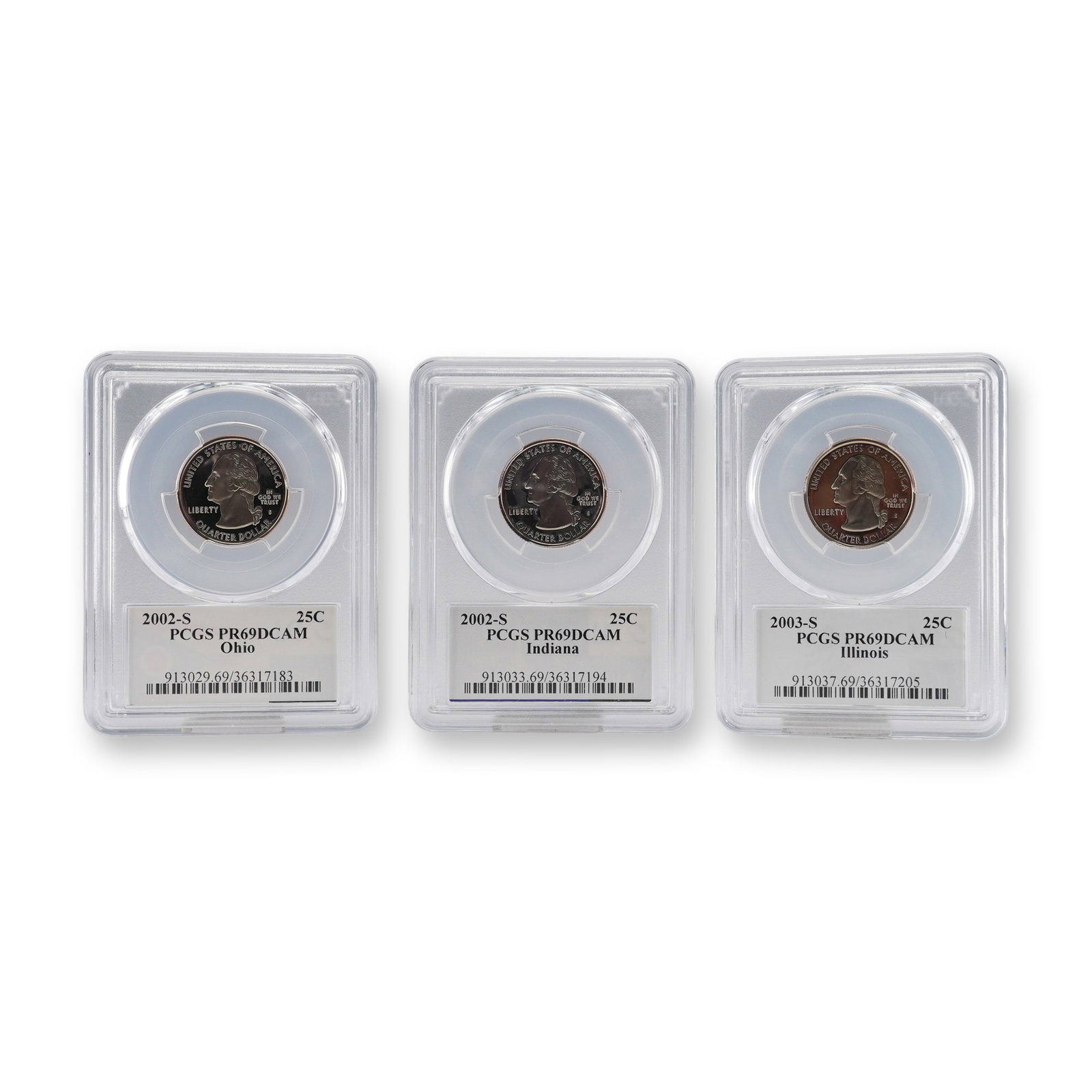 3pc US 2002-S, 2003-S 25C State Quarters, Clad Proof, PCGS PR69DCAM: A trio of three US 50 State Quarters, all Proof issues struck at the San Francisco Mint (S mint mark). This lot includes the 2002-S Ohio Quarter, the 2002-S Indiana Quarter, and the 2003-S Illinois