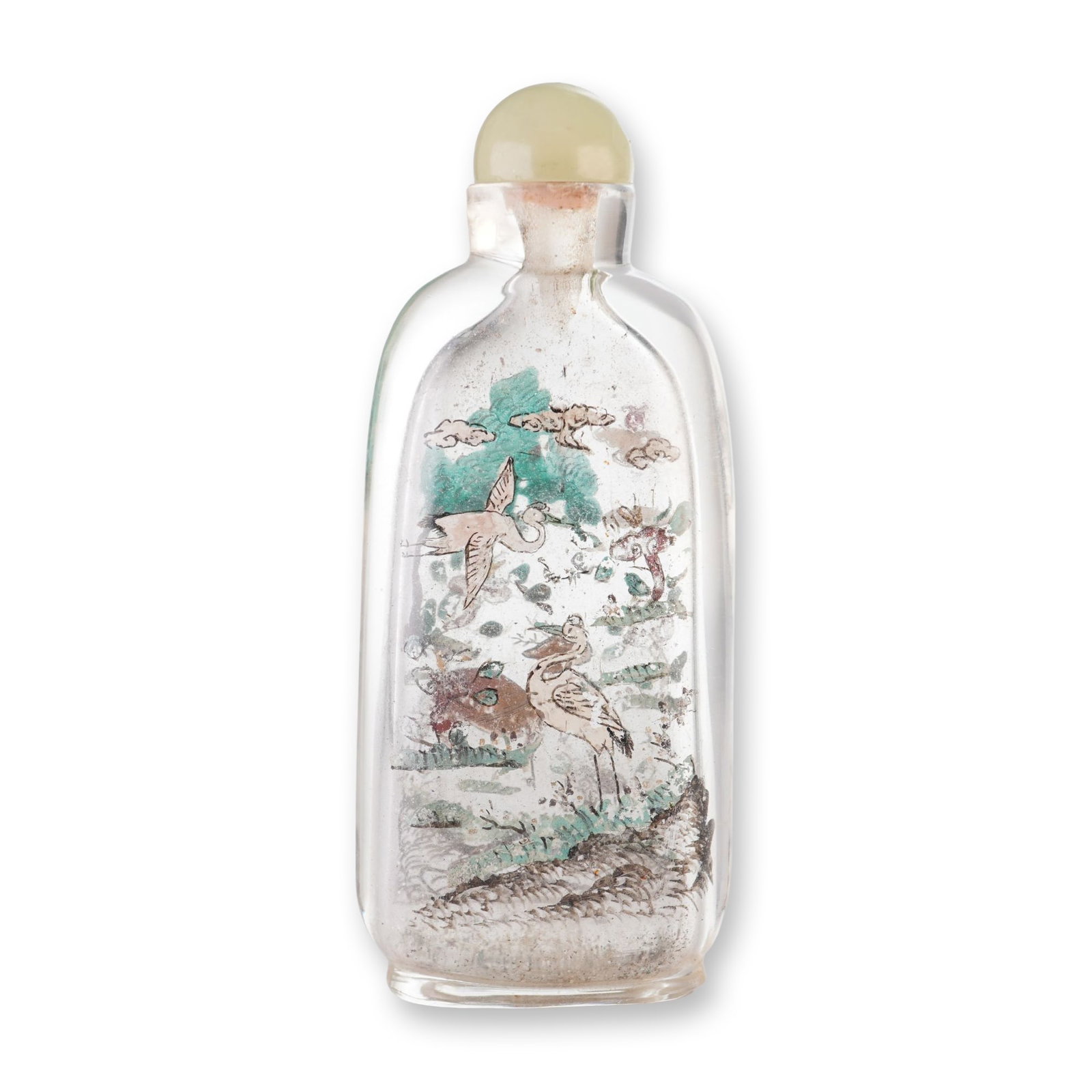 Inside Painted Glass Snuff Bottle, Landscape, Deer and Cranes, (1 of 4)