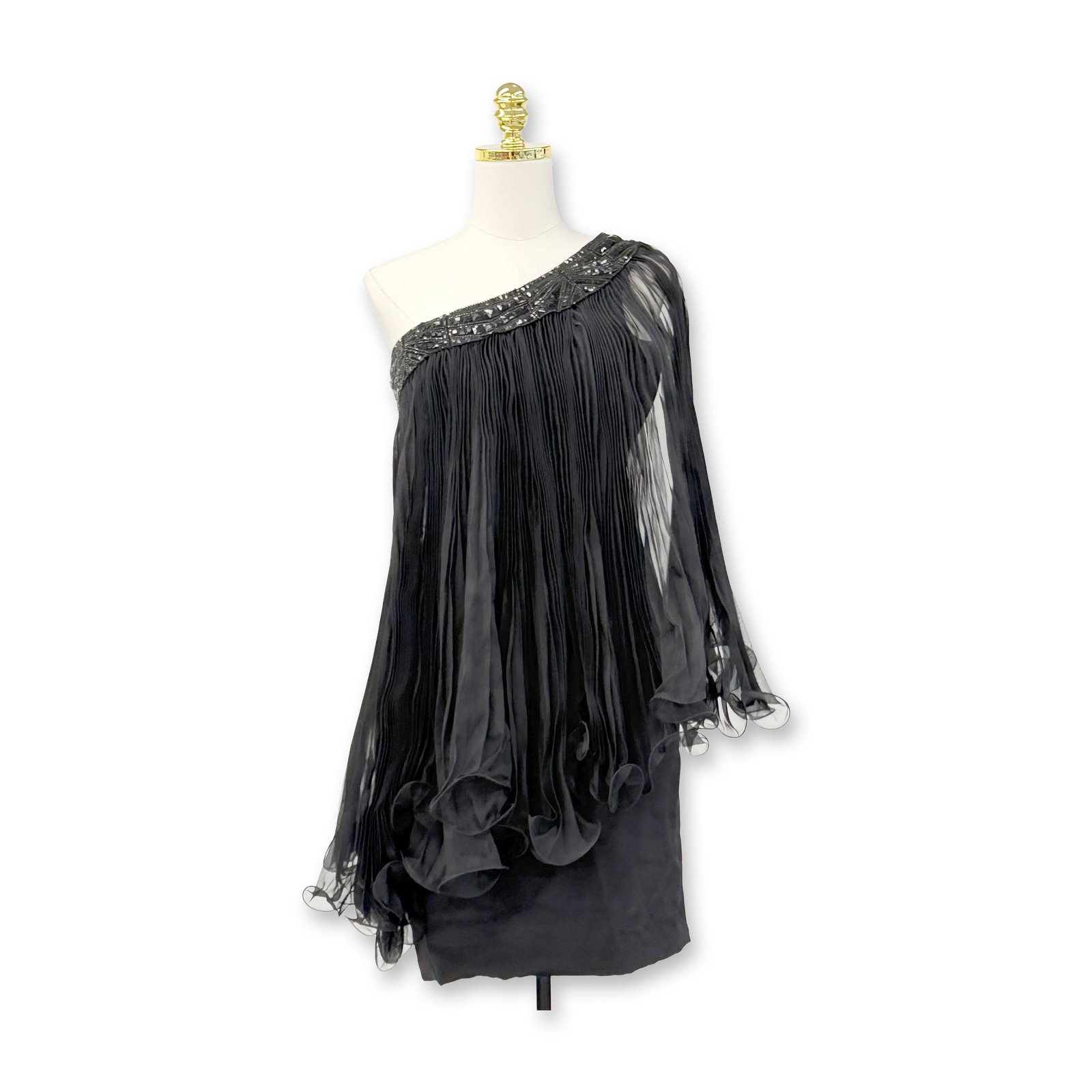 Marchesa Black Silk Cocktail/Evening One-Shoulder Dress: Marchesa black silk one shoulder cocktail or evening dress featuring shimmering beaded embellishments on the neckline and a flowing pleaded chiffon overlay. Expertly tailored with the brand's signatur