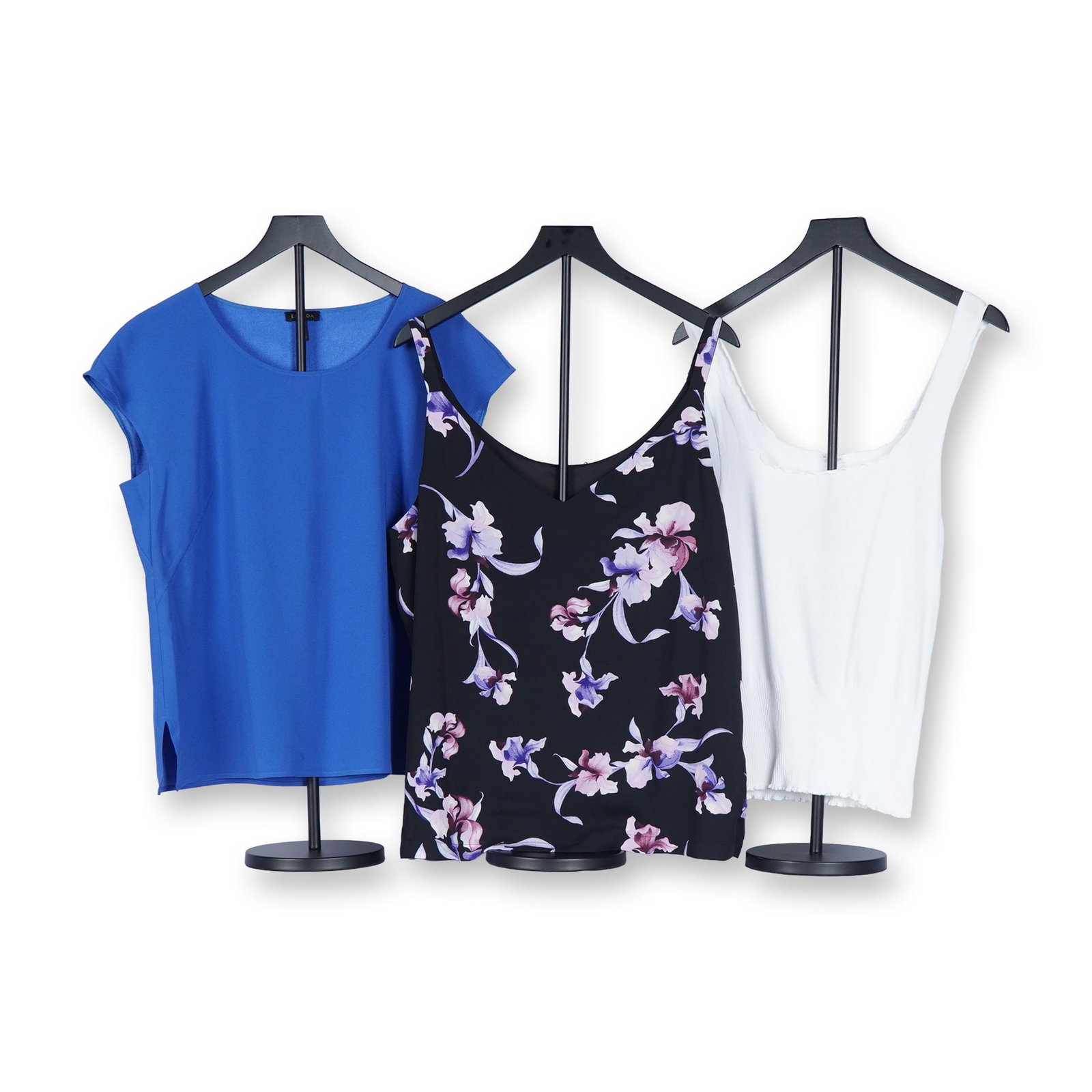 3pc Escada Short and Sleeveless Silk and Knit Blouses: Tops in a mix of silk and fine knit fabrics for layering and warm-weather wear. The first piece is a cobalt blue short-sleeve blouse crafted from smooth, fluid silk with a clean, modern silhouette. Th