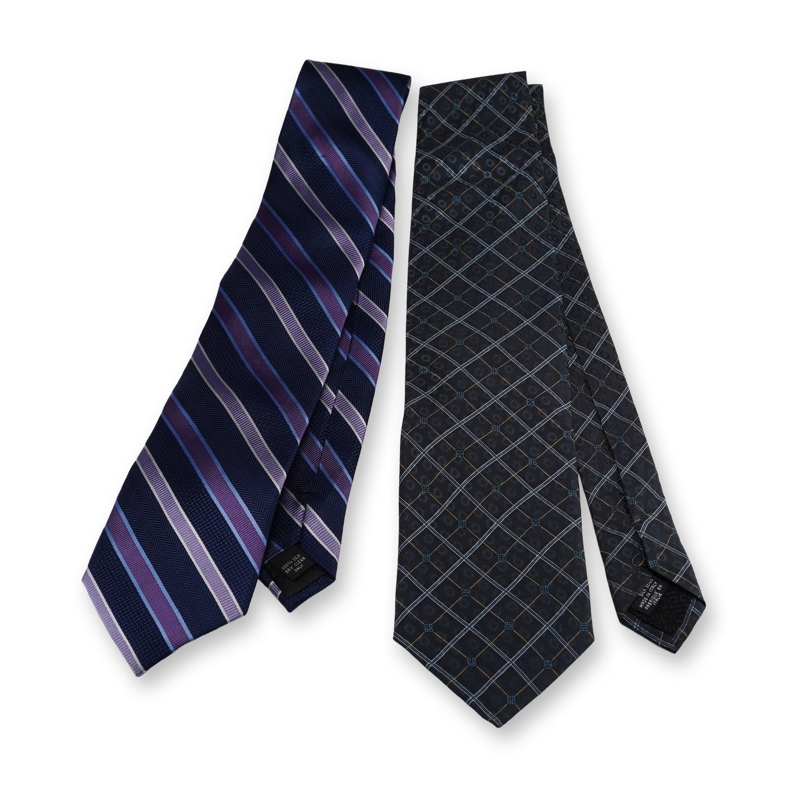 2pc Neiman Marcus and Givenchy Silk Neckties: This lot features two modern men neckties in 100% silk. The first tie, by Neiman Marcus, displays a diagonal stripe pattern in shades of navy blue, light blue, purple, and white. Its internal label co