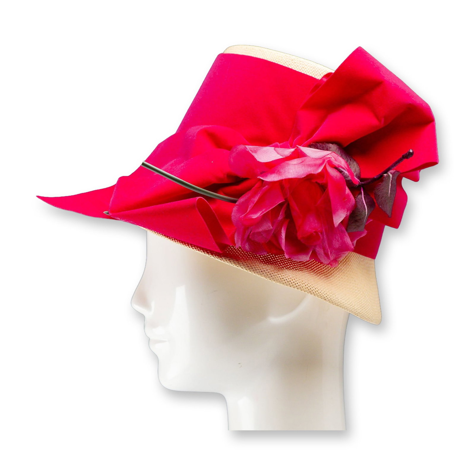 Parkridge Exclusives Ladies Pink Straw Bucket Hat: Parkridge Exclusives. Mid-century lamp shape bucket hat featuring a woven cream-colored straw base and a tall fuchsia pink fabric crown. The design is accented by an oversized fuchsia fabric bow at th
