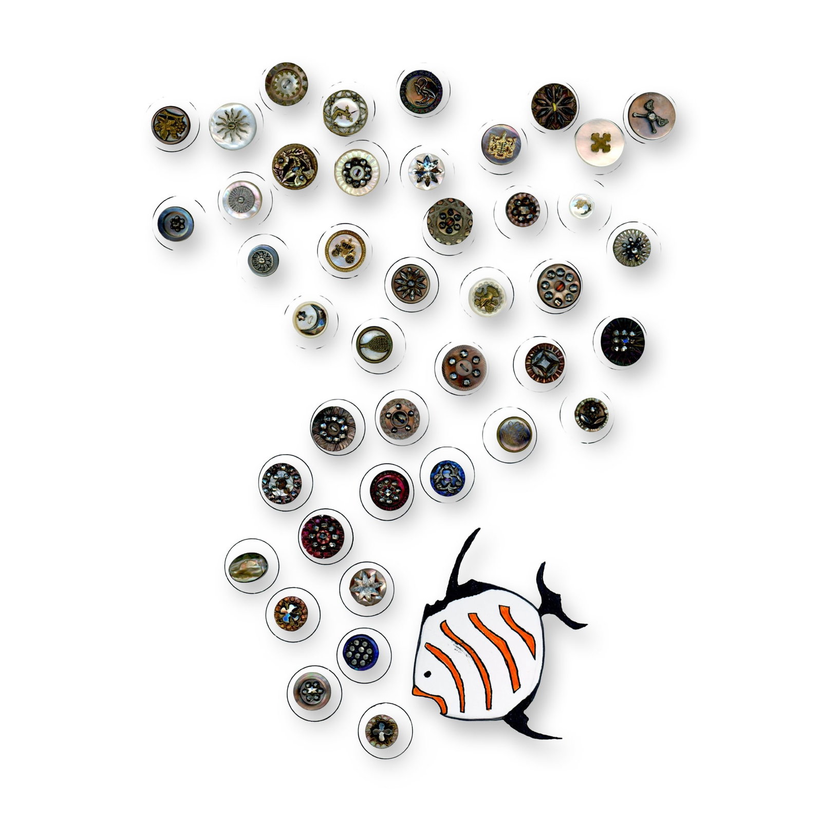 A CARD OF DIVISION ONE PEARL BUTTONS: 42 Small 19th century assorted examples including metal OME. This card includes a nice variety of designs in metal escutcheons and OME (other material embellishment) on pearl backs. Noce selection. Di
