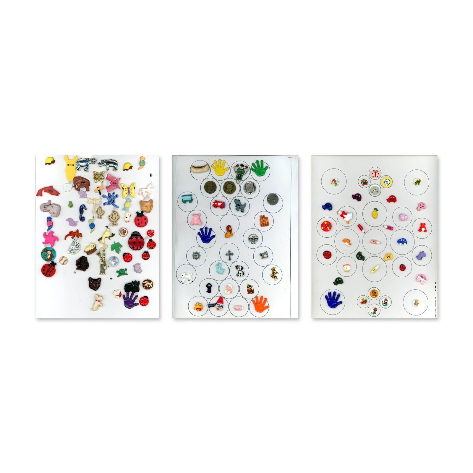 A LOT OF DIVISION THREE REALISTIC BUTTONS: 120 S/M/L assorted subject matter examples. These cards include animals, people, objects, plant life in a variety of colors and designs. Realistics, Goofies, Kiddie and more. Dimensions: SM=Less than