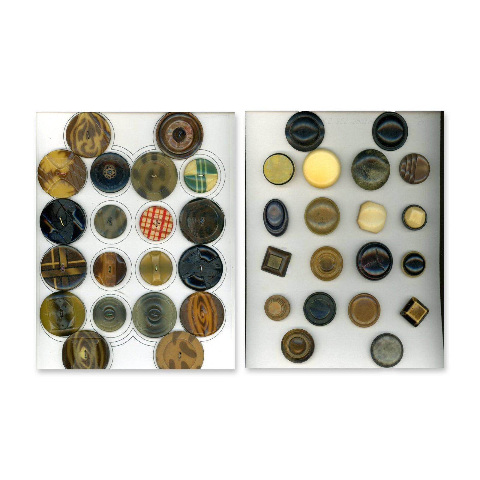 A SELECTION OF OLD CELLULOID BUTTONS: 50 S/M/L Early 20th century specialized to bubble tops These cards include glows and tight tops from the early 20th century. All in nice condition. Dimensions: SM=Less than 3/4", Medium=3/4" to 1