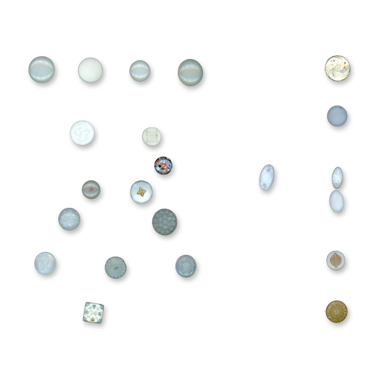 2 CARDS DIVISION ONE COLORED GLASS BUTTONS: 70 Small/Medium 19th century examples specialized to Clambroth. Here is a nice selection of these desirable type buttons including metal embellished, pictorials and more. Dimensions: SM=Less than