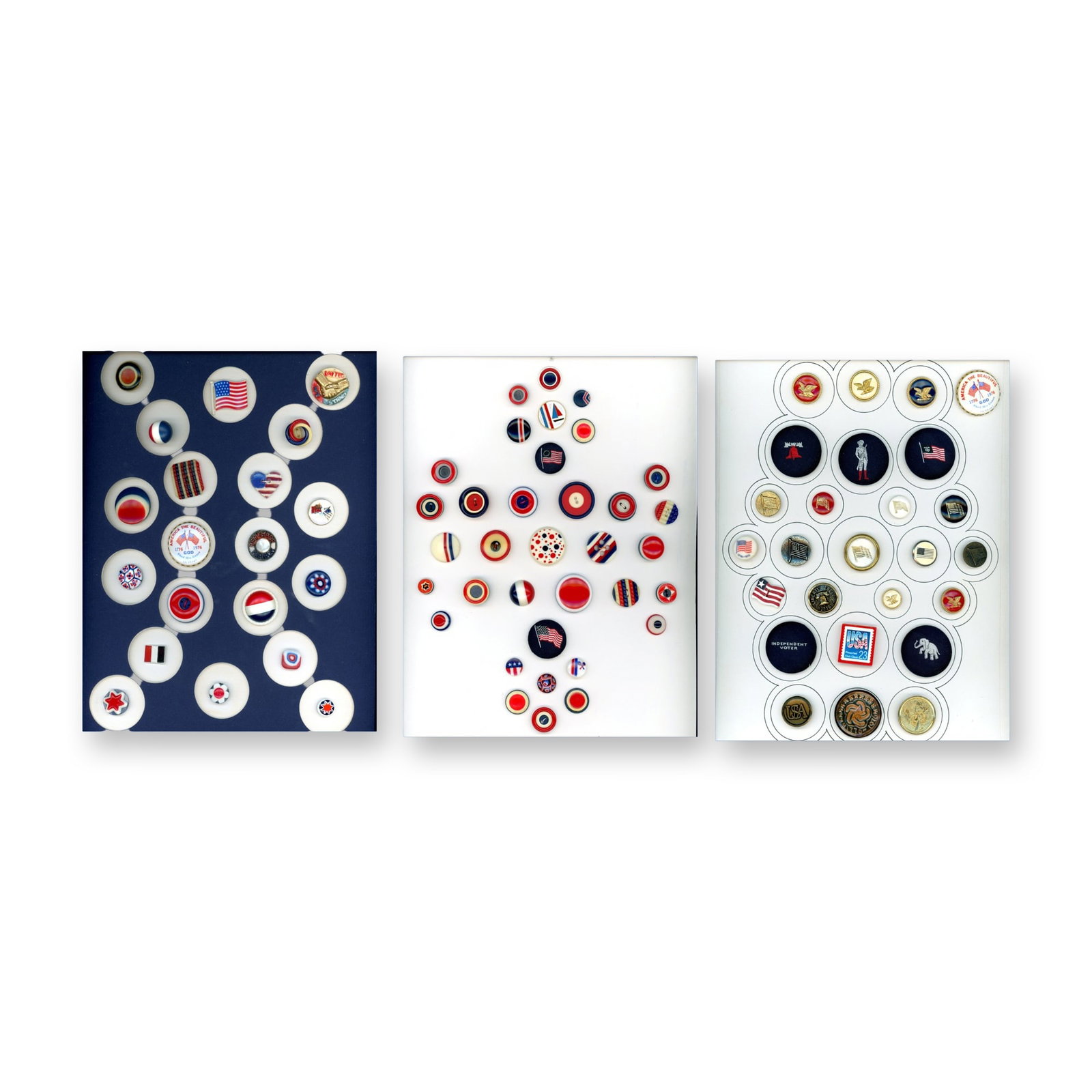 3 CARDS OF DIVISION THREE PATRIOTIC BUTTONS: 81 S/M/L 20th century assorted material examples. These cards of mostly red white and blue examples include celluloids and plastics, metals, glass. Barics and more. The lot also includes a Ralph