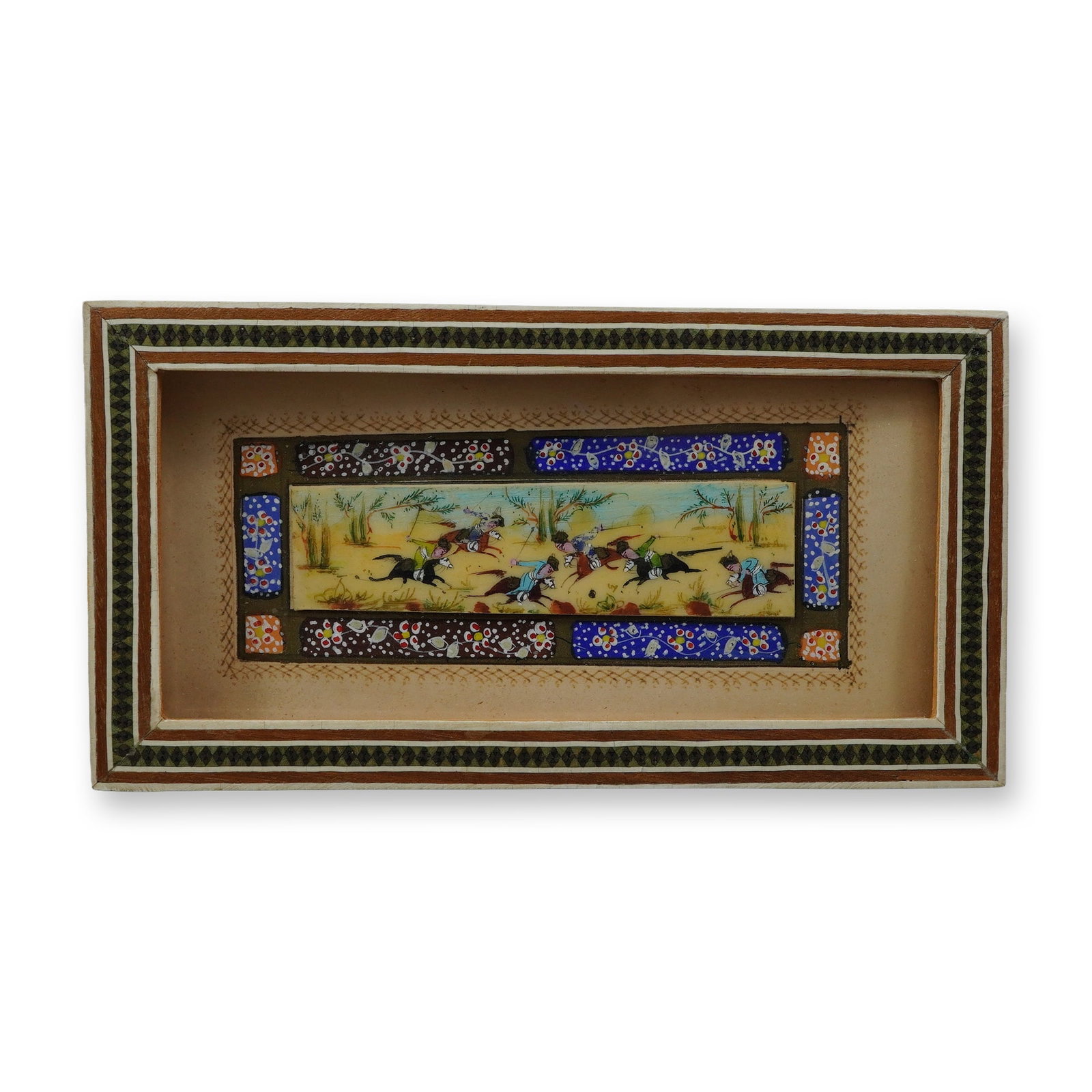 Persian Khatam-kari Framed Miniature Hand Crafted Painting on Bone Depicting a Polo Match (1 of 4)